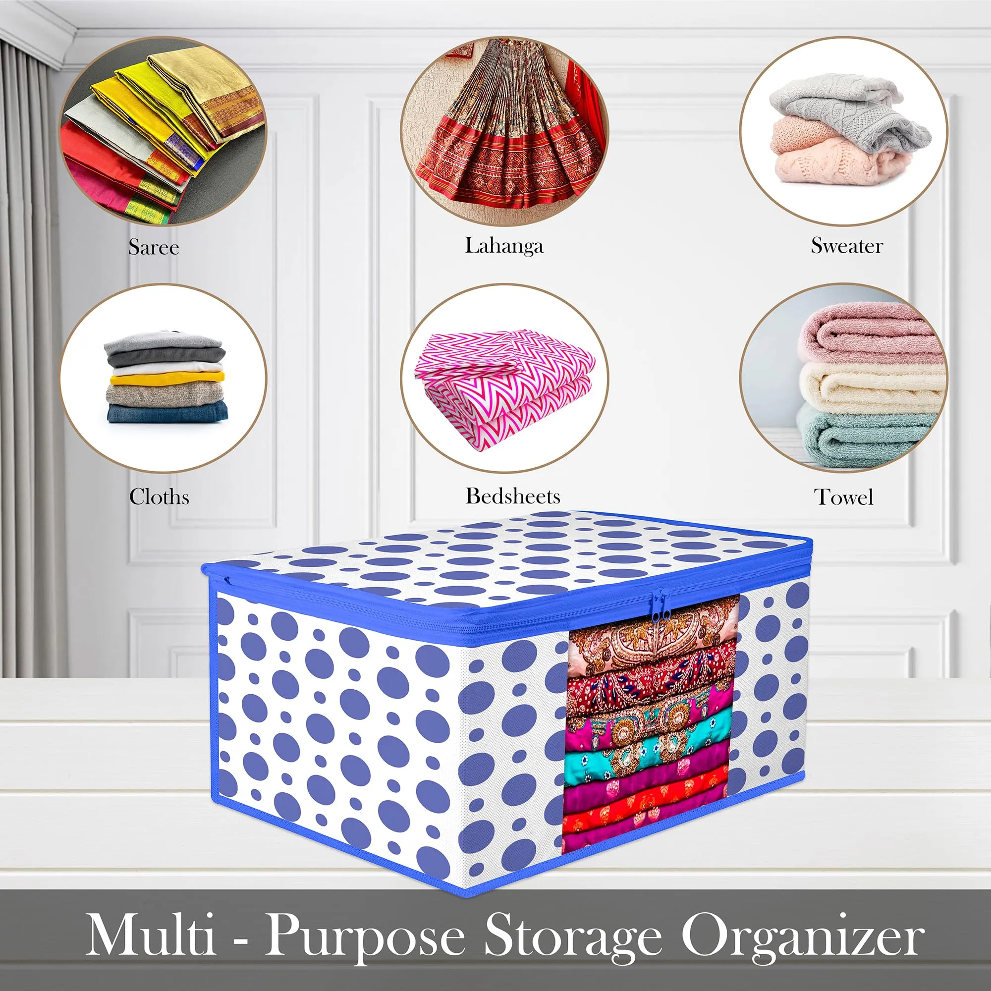 Kuber Industries Saree Cover | Zip Closure Saree Cover | Clothes Storage Bag | Wardrobe Organiser | Transparent Window Saree Cover | Dot-Design | 9 inch | Pack of 9 | Blue