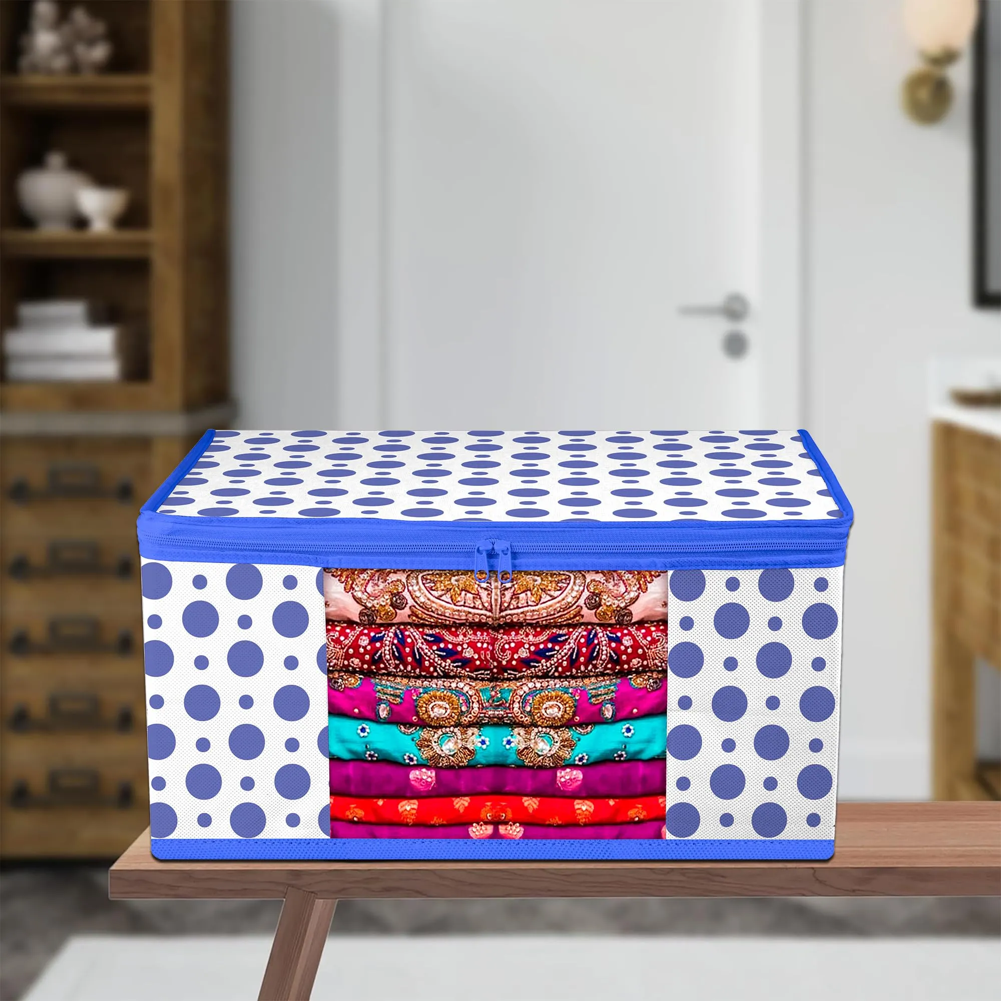 Kuber Industries Saree Cover | Zip Closure Saree Cover | Clothes Storage Bag | Wardrobe Organiser | Transparent Window Saree Cover | Dot-Design | 9 inch | Pack of 9 | Blue