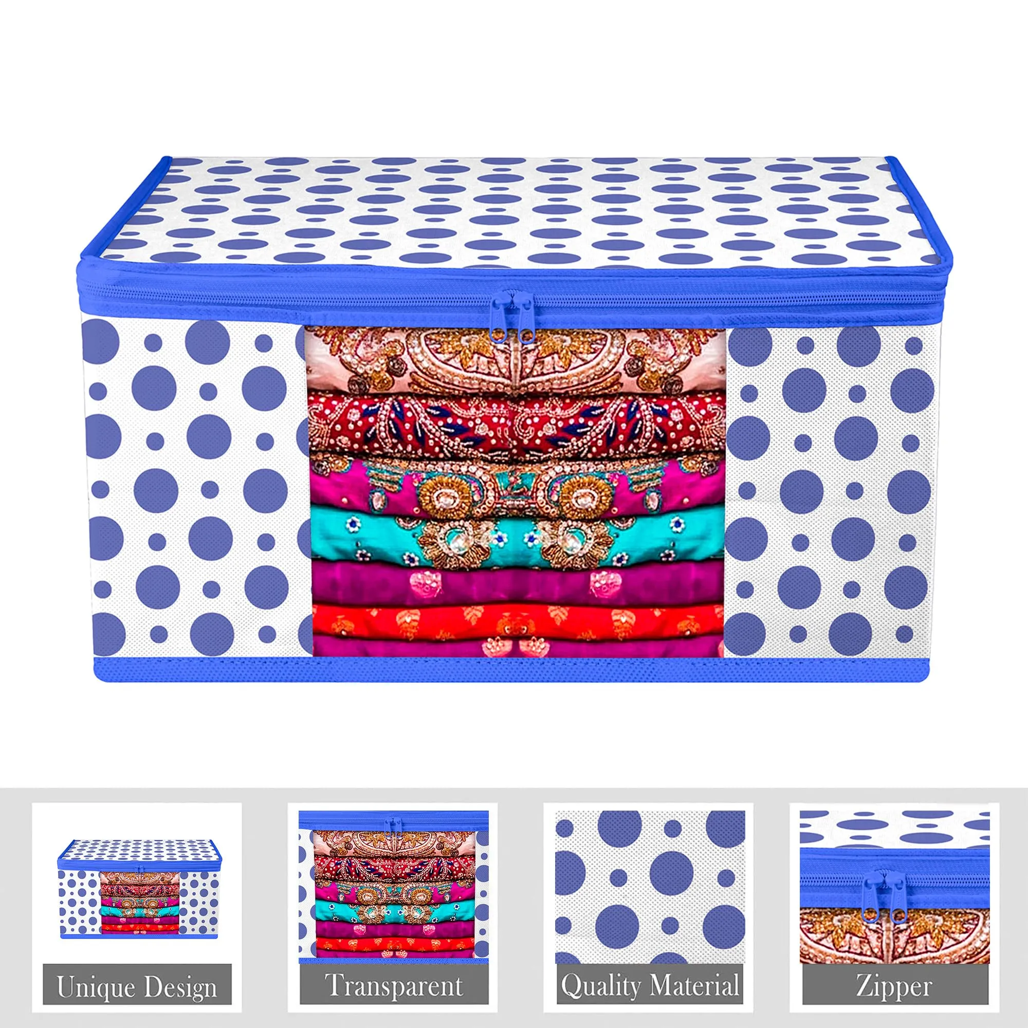 Kuber Industries Saree Cover | Zip Closure Saree Cover | Clothes Storage Bag | Wardrobe Organiser | Transparent Window Saree Cover | Dot-Design | 9 inch | Pack of 9 | Blue