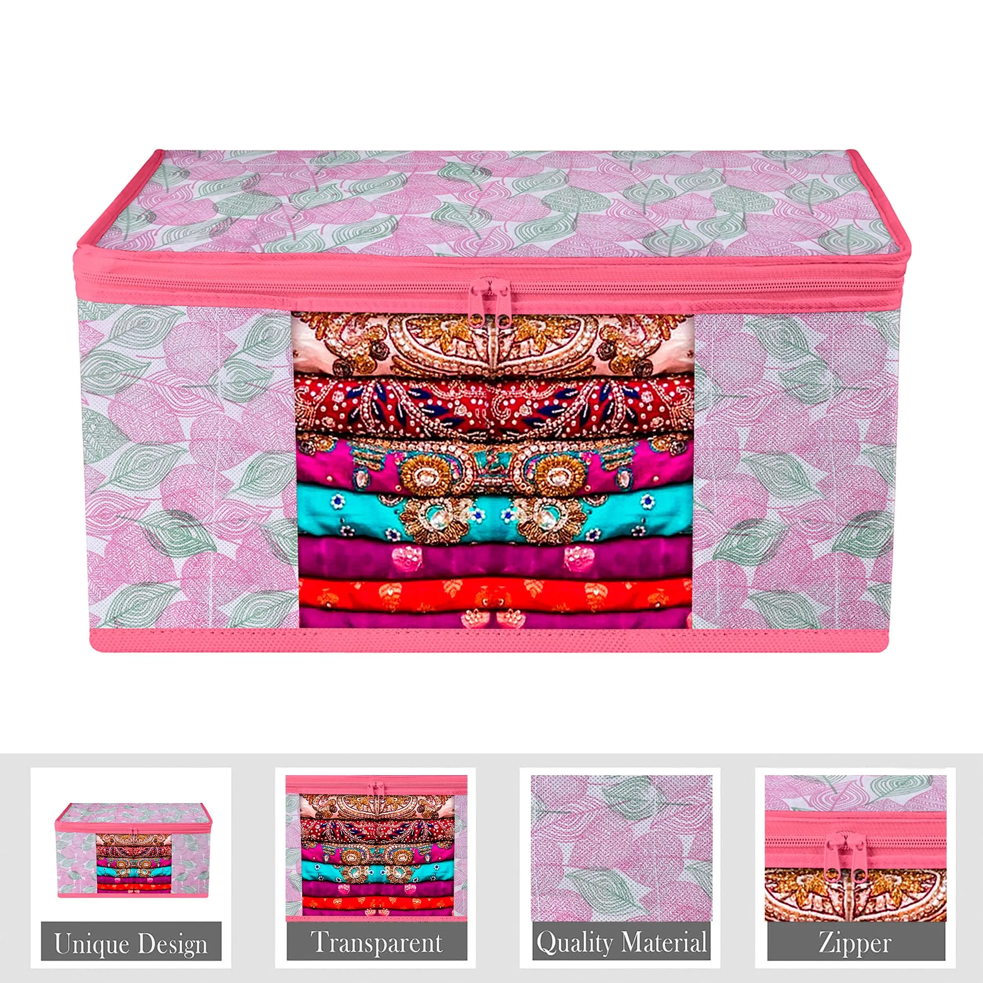 Kuber Industries Saree Cover | Zip Closure Saree Cover | Clothes Storage Bag | Wardrobe Organiser | Transparent Window Saree Cover | Flower Patta-Design | 9 inch | Pack of 12 | Pink