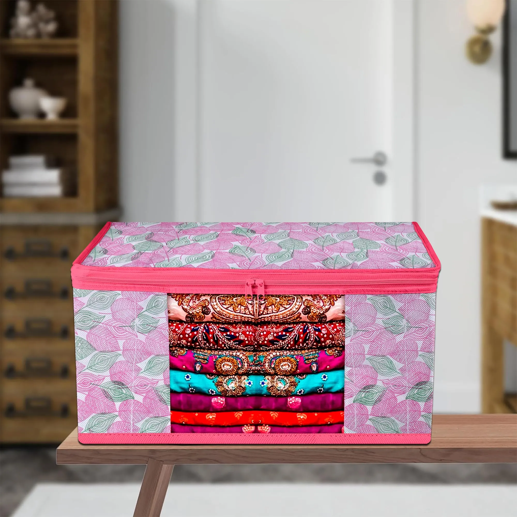 Kuber Industries Saree Cover | Zip Closure Saree Cover | Clothes Storage Bag | Wardrobe Organiser | Transparent Window Saree Cover | Flower Patta-Design | 9 inch | Pack of 12 | Pink
