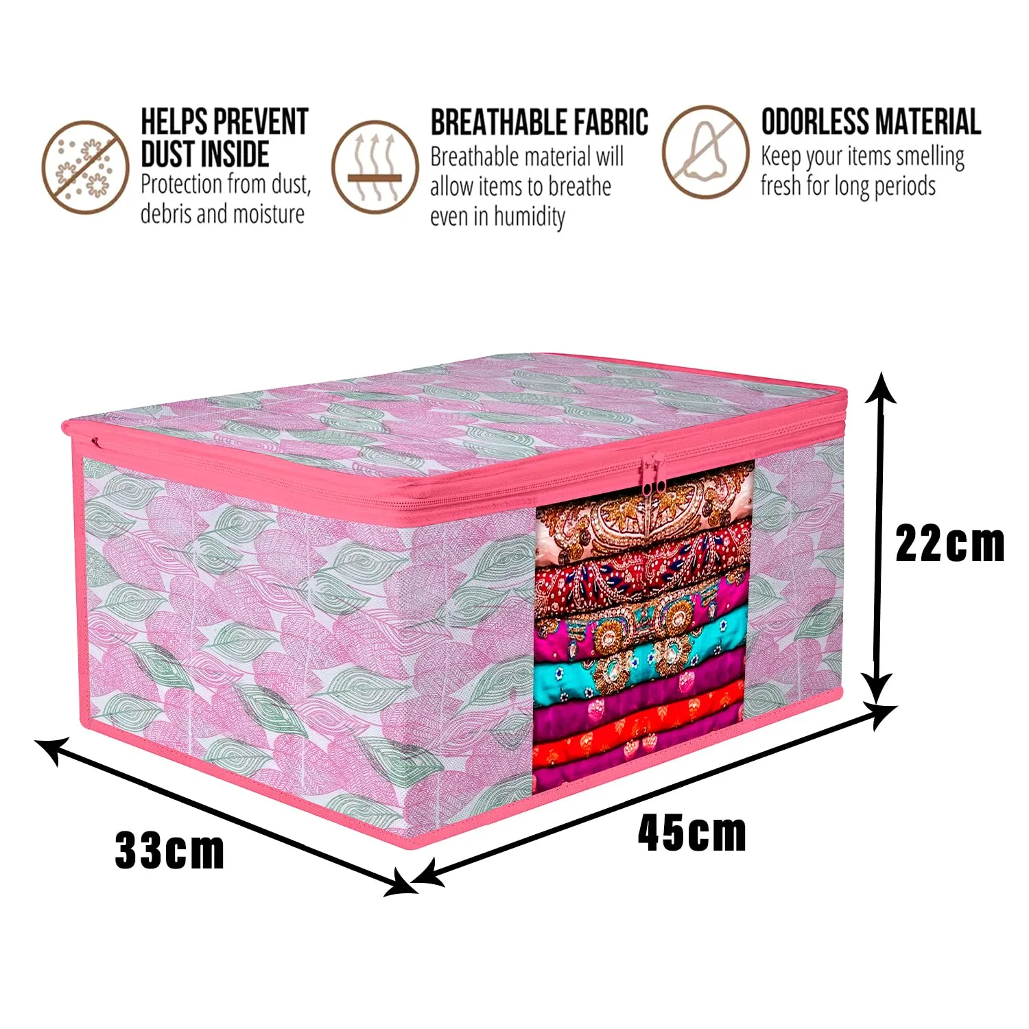 Kuber Industries Saree Cover | Zip Closure Saree Cover | Clothes Storage Bag | Wardrobe Organiser | Transparent Window Saree Cover | Flower Patta-Design | 9 inch | Pack of 12 | Pink