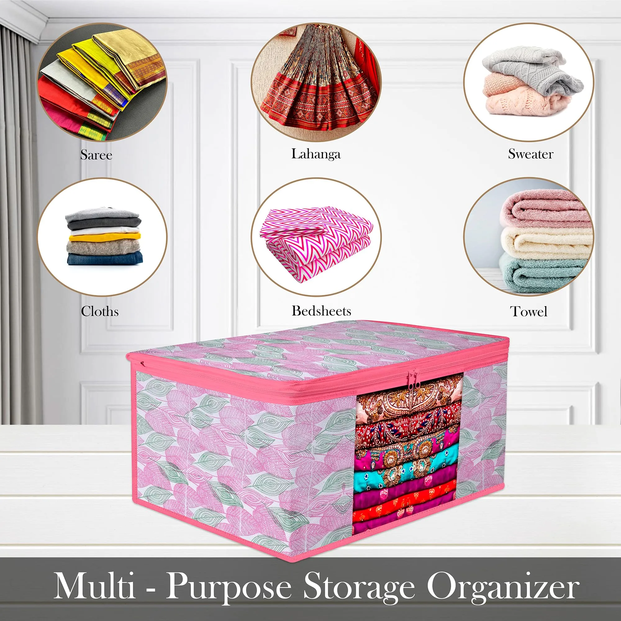 Kuber Industries Saree Cover | Zip Closure Saree Cover | Clothes Storage Bag | Wardrobe Organiser | Transparent Window Saree Cover | Flower Patta-Design | 9 inch | Pack of 12 | Pink