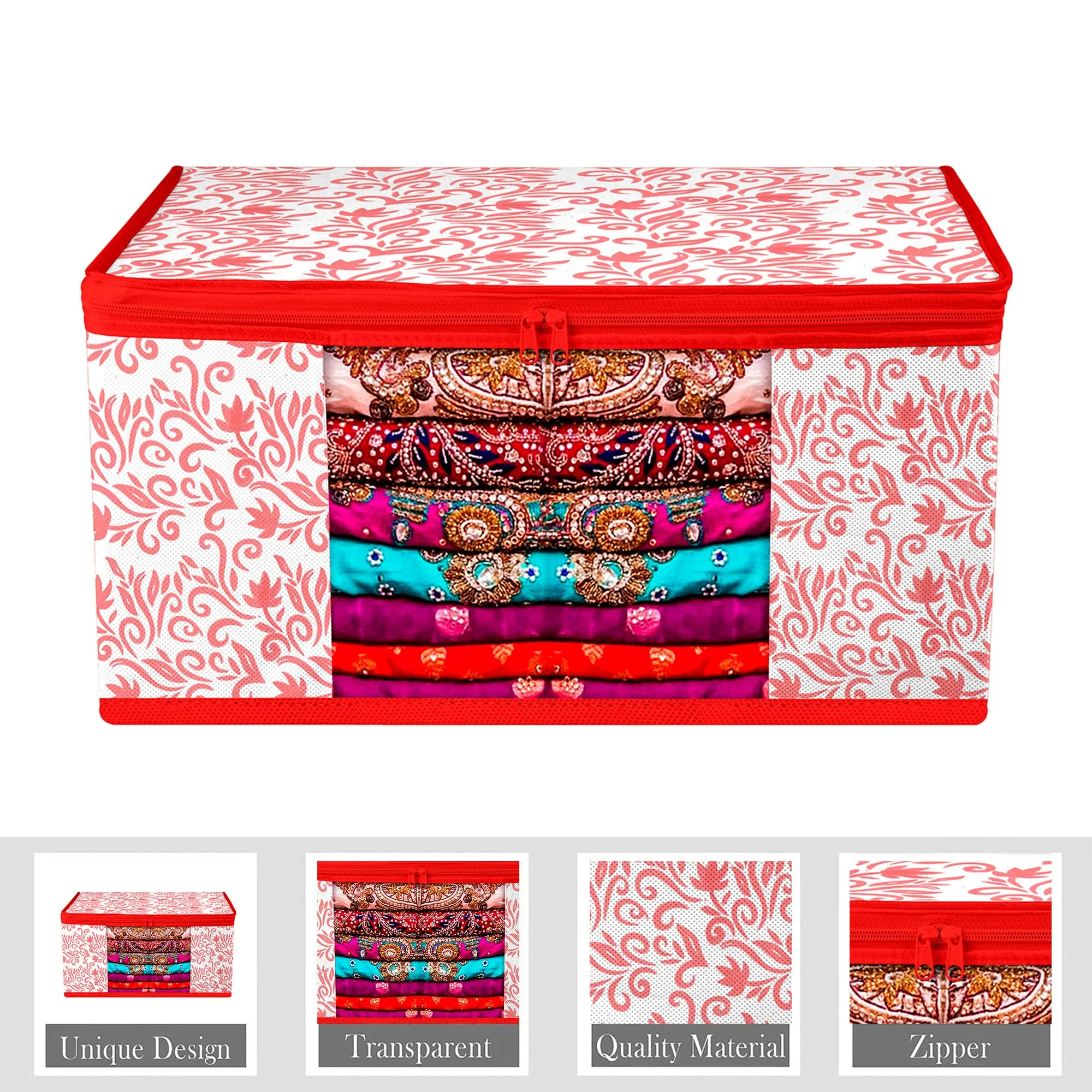 Kuber Industries Saree Cover | Zip Closure Saree Cover | Clothes Storage Bag | Wardrobe Organiser | Transparent Window Saree Cover | Leaf-Design | 9 inch | Pack of 6 | Red