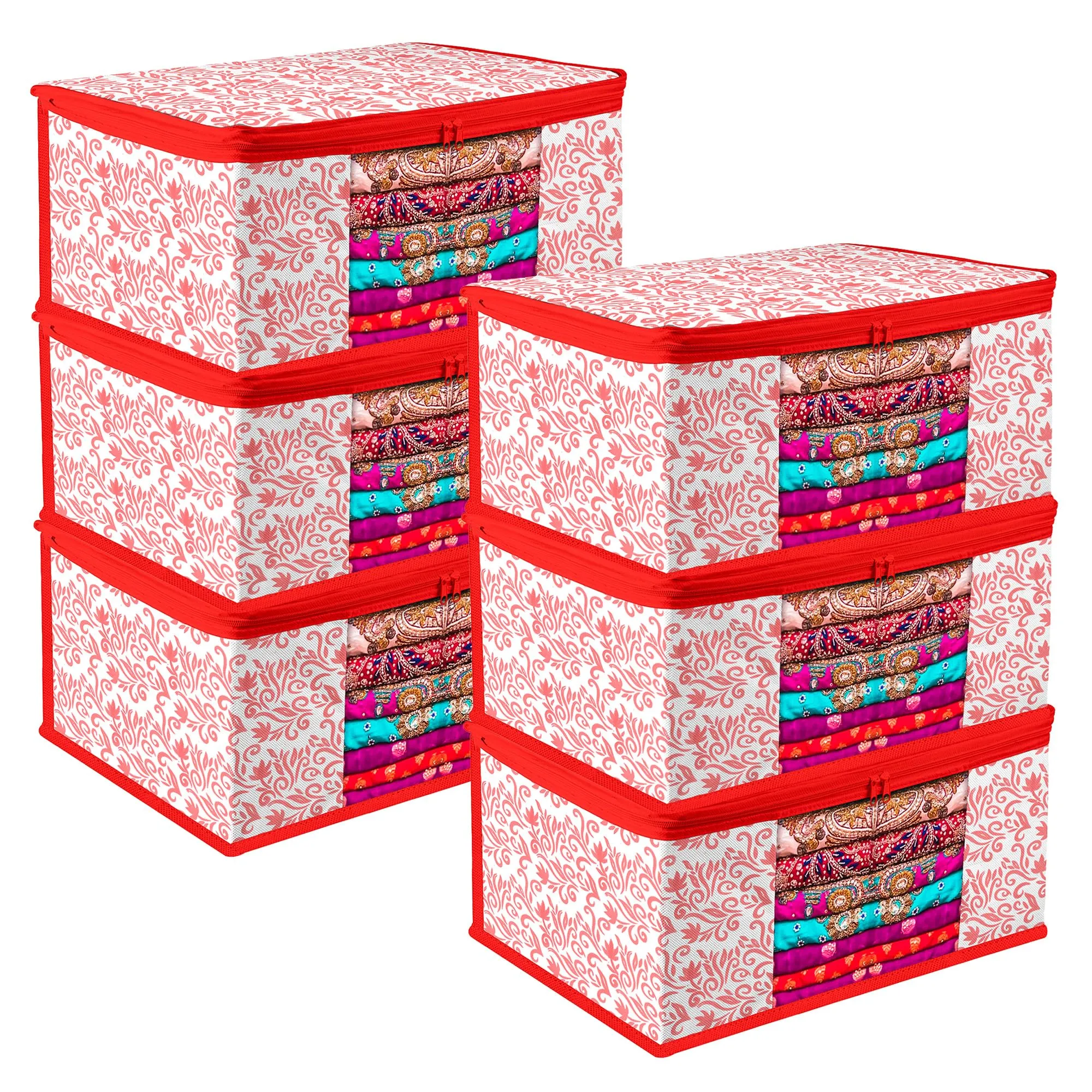 Kuber Industries Saree Cover | Zip Closure Saree Cover | Clothes Storage Bag | Wardrobe Organiser | Transparent Window Saree Cover | Leaf-Design | 9 inch | Pack of 6 | Red
