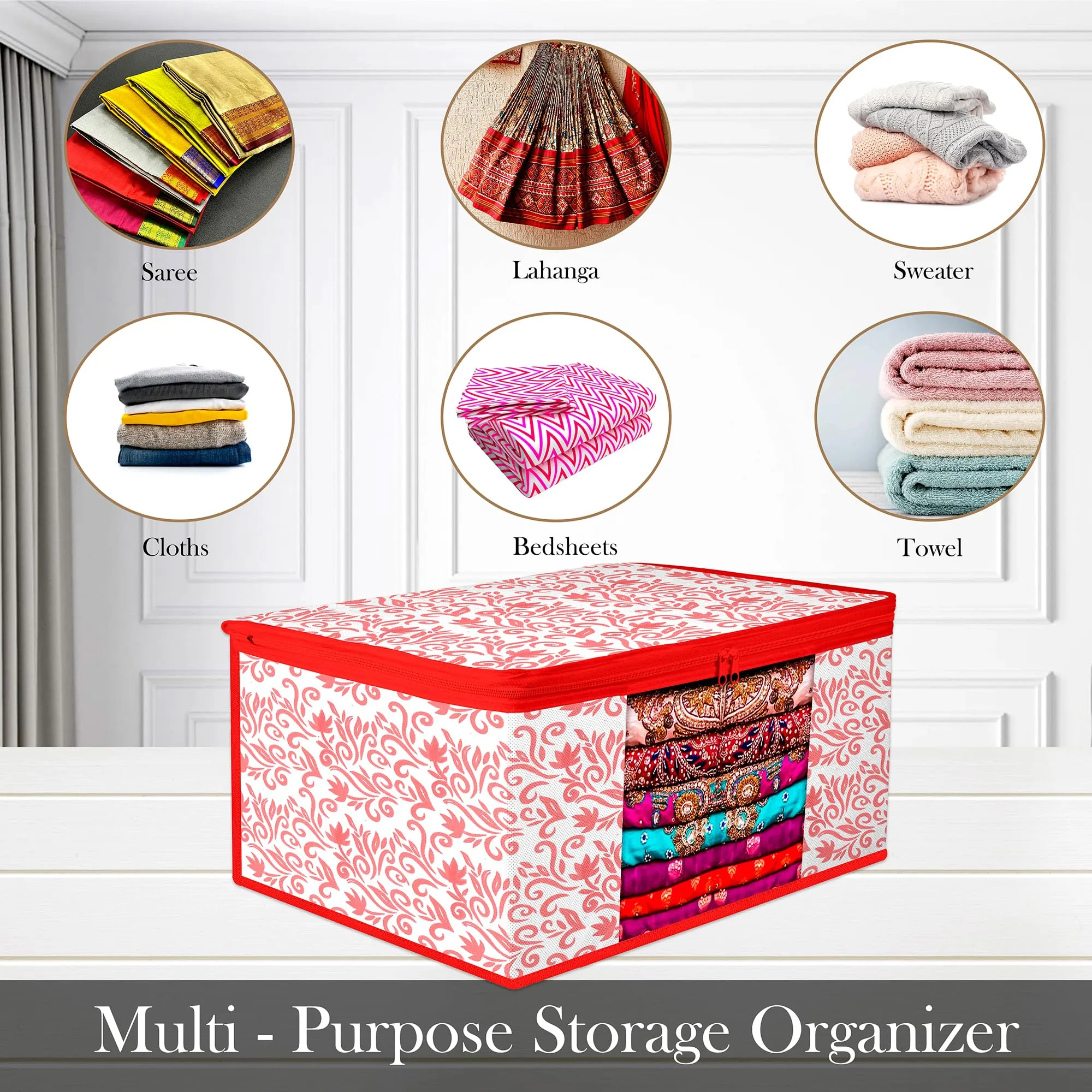 Kuber Industries Saree Cover | Zip Closure Saree Cover | Clothes Storage Bag | Wardrobe Organiser | Transparent Window Saree Cover | Leaf-Design | 9 inch | Pack of 6 | Red
