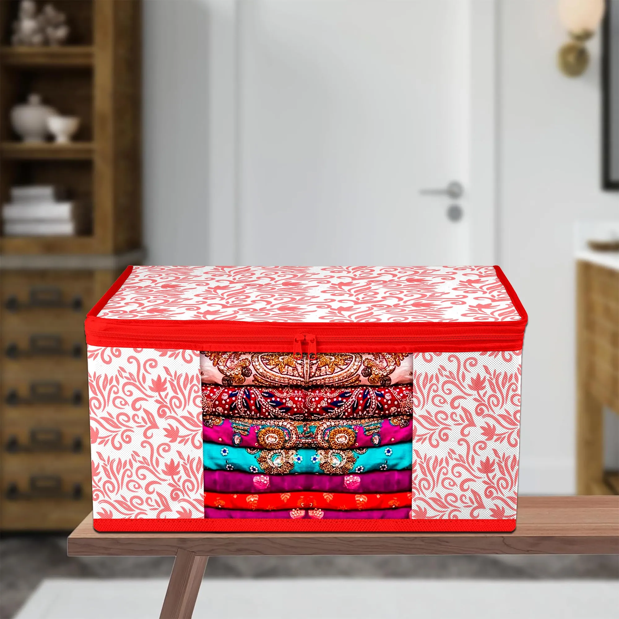 Kuber Industries Saree Cover | Zip Closure Saree Cover | Clothes Storage Bag | Wardrobe Organiser | Transparent Window Saree Cover | Leaf-Design | 9 inch | Pack of 6 | Red