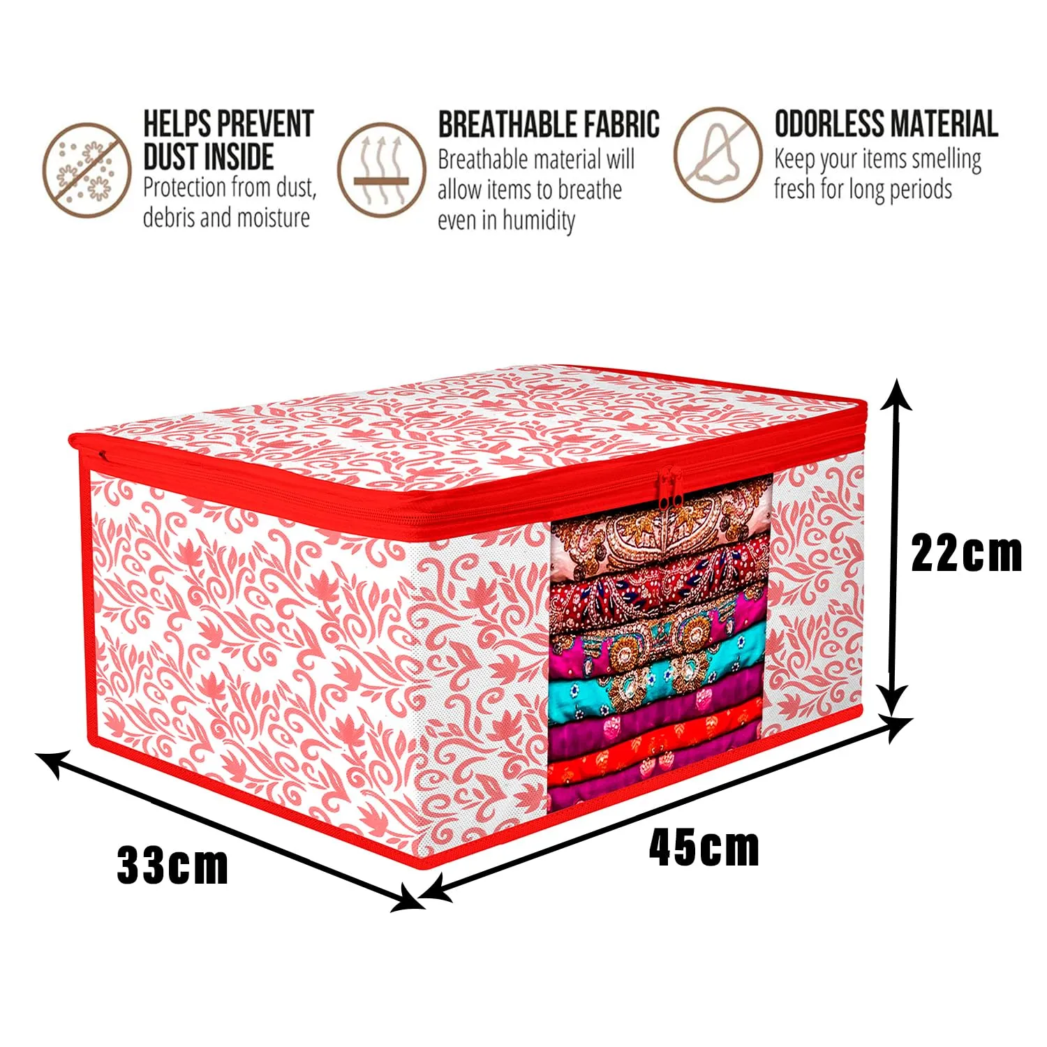 Kuber Industries Saree Cover | Zip Closure Saree Cover | Clothes Storage Bag | Wardrobe Organiser | Transparent Window Saree Cover | Leaf-Design | 9 inch | Pack of 6 | Red