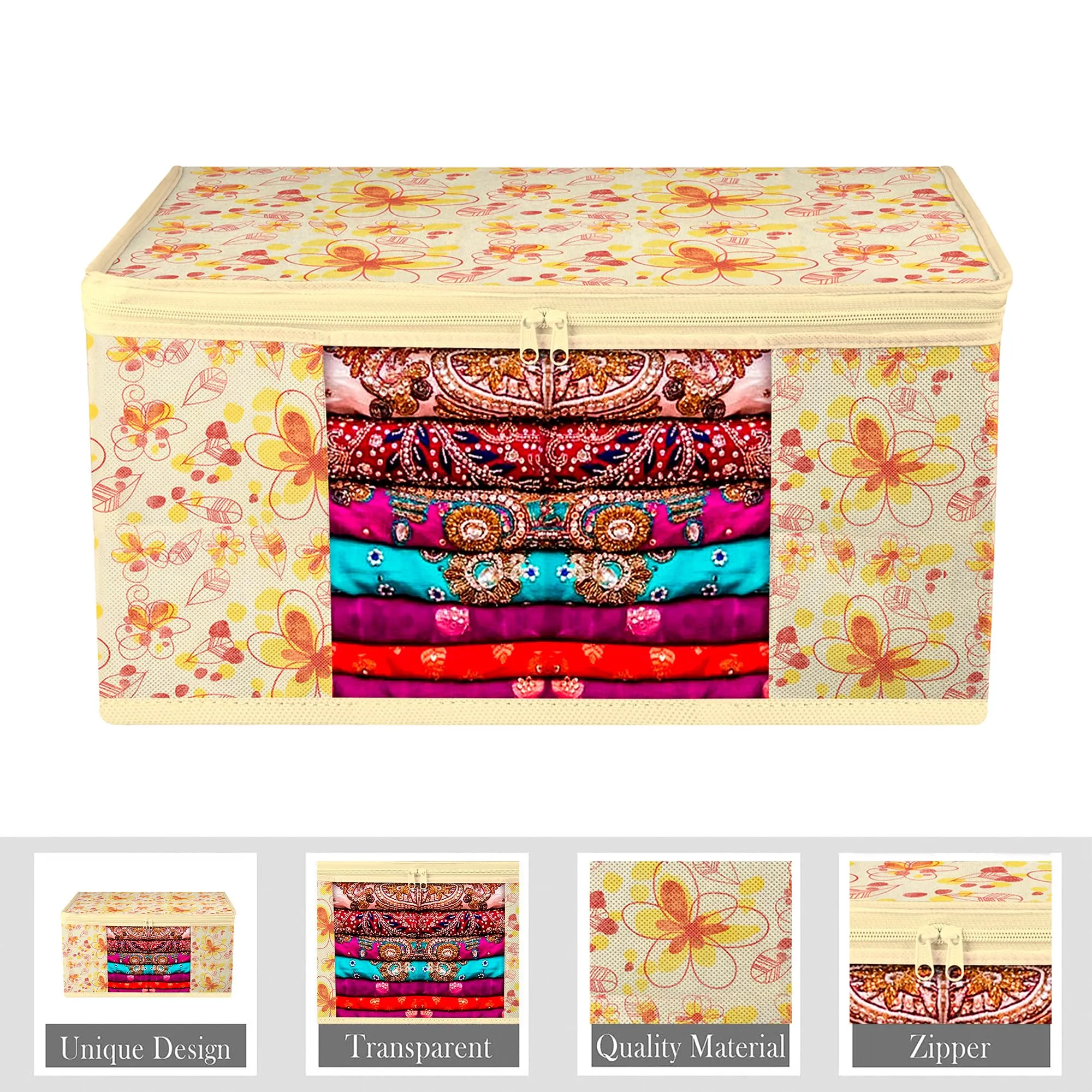 Kuber Industries Saree Cover | Zip Closure Saree Cover | Clothes Storage Bag | Wardrobe Organiser | Transparent Window Saree Cover | Red-Flower-Design | 9 inch | Pack of 3 | Ivory