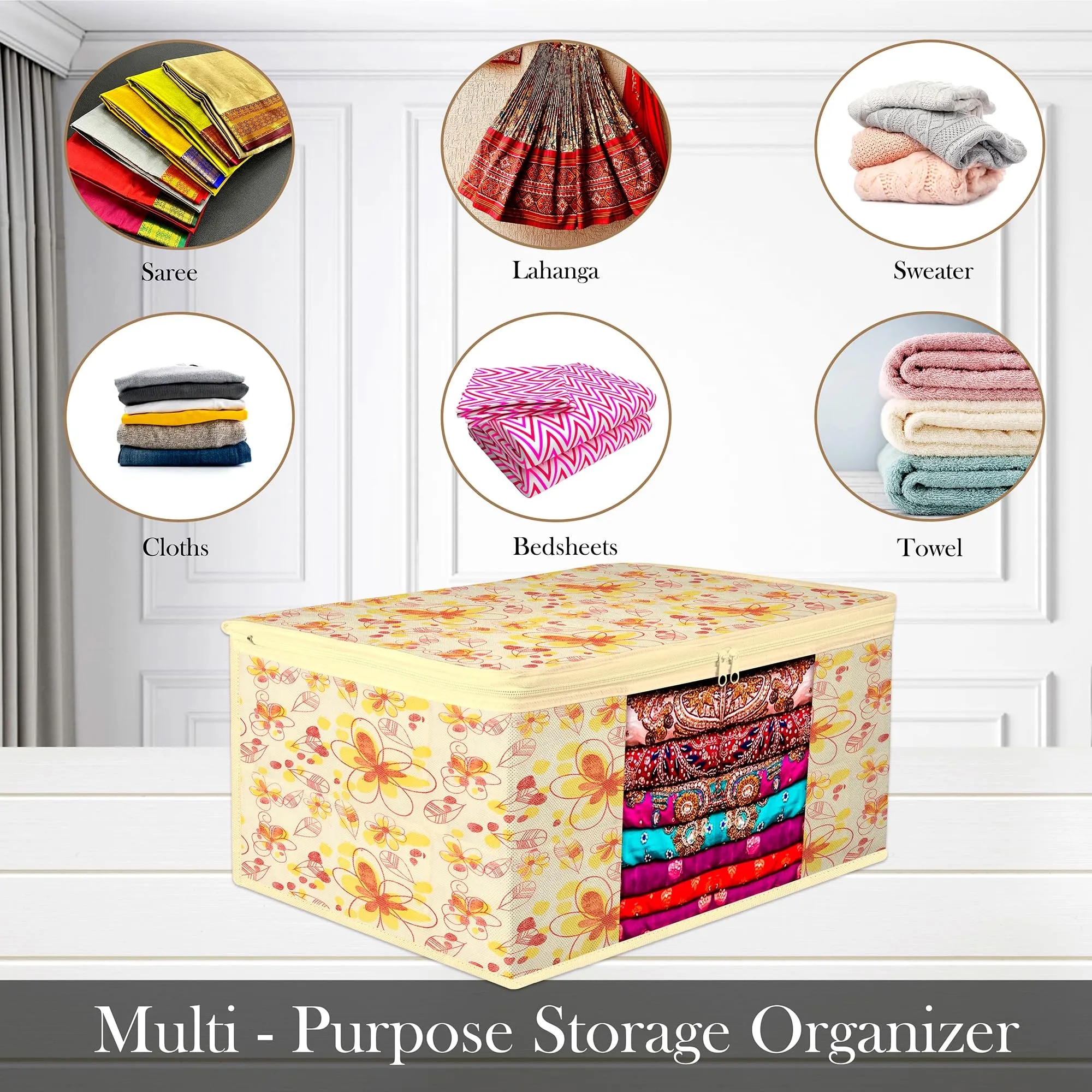 Kuber Industries Saree Cover | Zip Closure Saree Cover | Clothes Storage Bag | Wardrobe Organiser | Transparent Window Saree Cover | Red-Flower-Design | 9 inch | Pack of 3 | Ivory