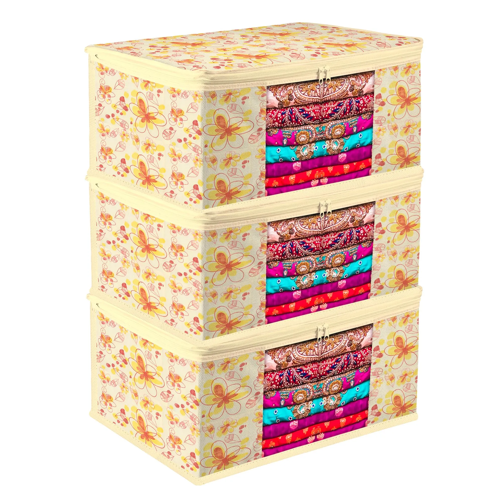 Kuber Industries Saree Cover | Zip Closure Saree Cover | Clothes Storage Bag | Wardrobe Organiser | Transparent Window Saree Cover | Red-Flower-Design | 9 inch | Pack of 3 | Ivory
