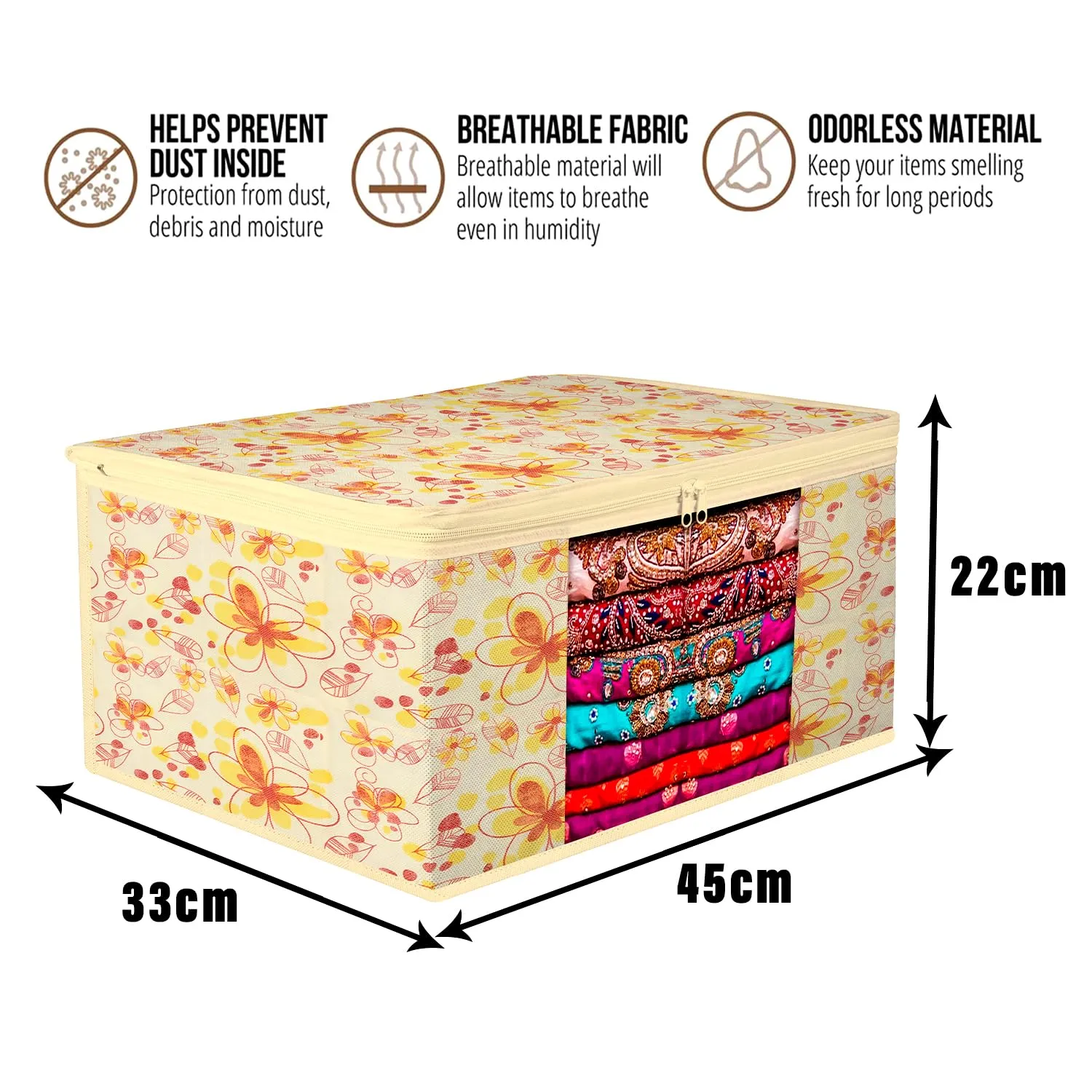 Kuber Industries Saree Cover | Zip Closure Saree Cover | Clothes Storage Bag | Wardrobe Organiser | Transparent Window Saree Cover | Red-Flower-Design | 9 inch | Pack of 3 | Ivory