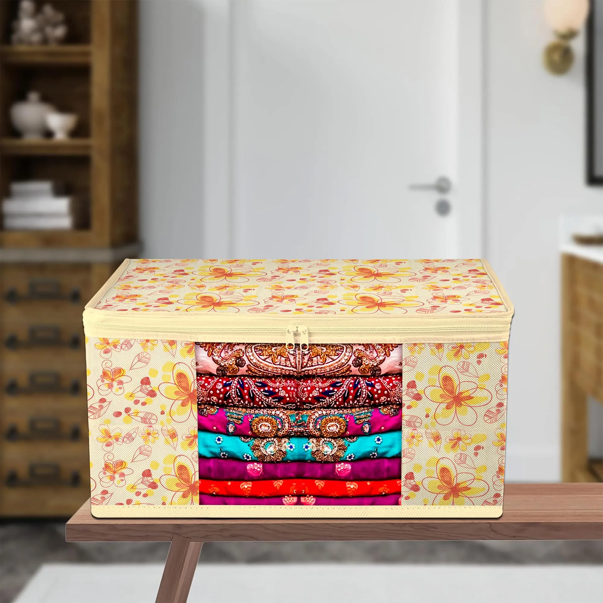 Kuber Industries Saree Cover | Zip Closure Saree Cover | Clothes Storage Bag | Wardrobe Organiser | Transparent Window Saree Cover | Red-Flower-Design | 9 inch | Pack of 3 | Ivory