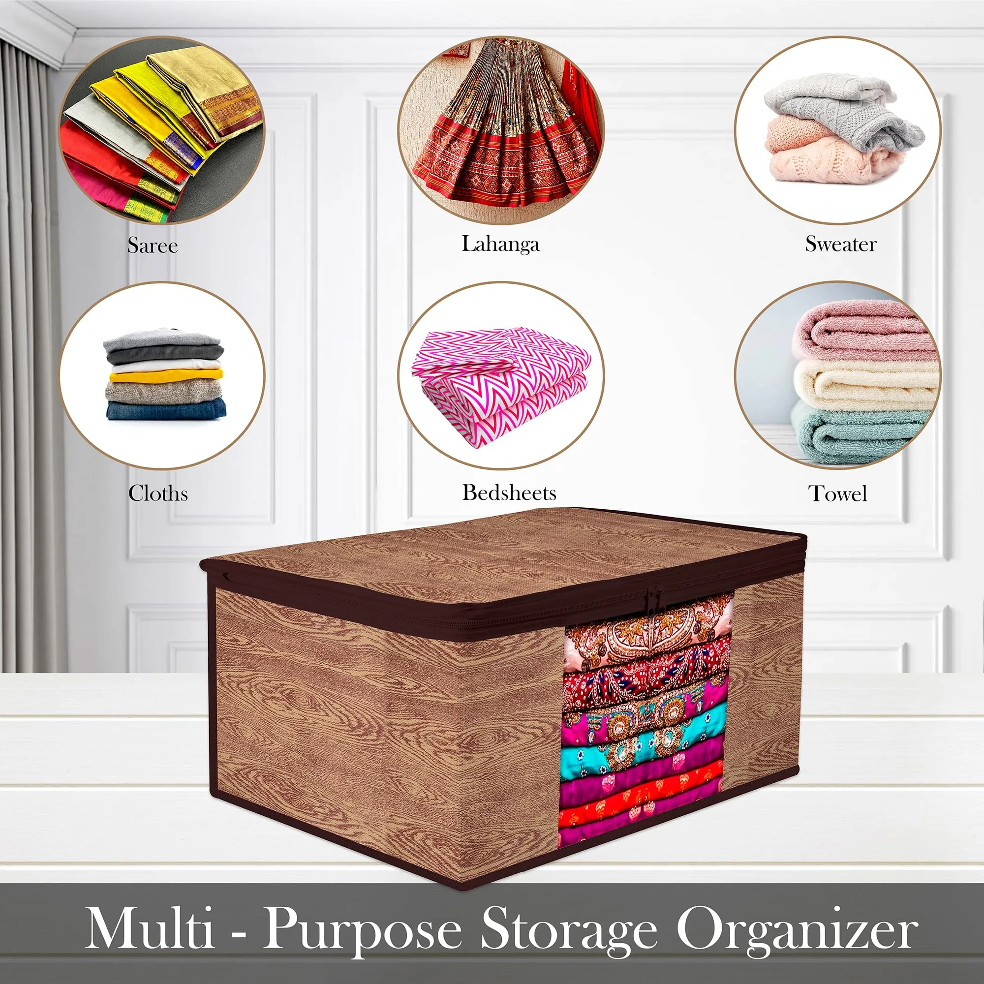 Kuber Industries Saree Cover | Zip Closure Saree Cover | Clothes Storage Bag | Wardrobe Organiser | Transparent Window Saree Cover | Wodden Texture-Design | 9 inch | Pack of 12 | Brown