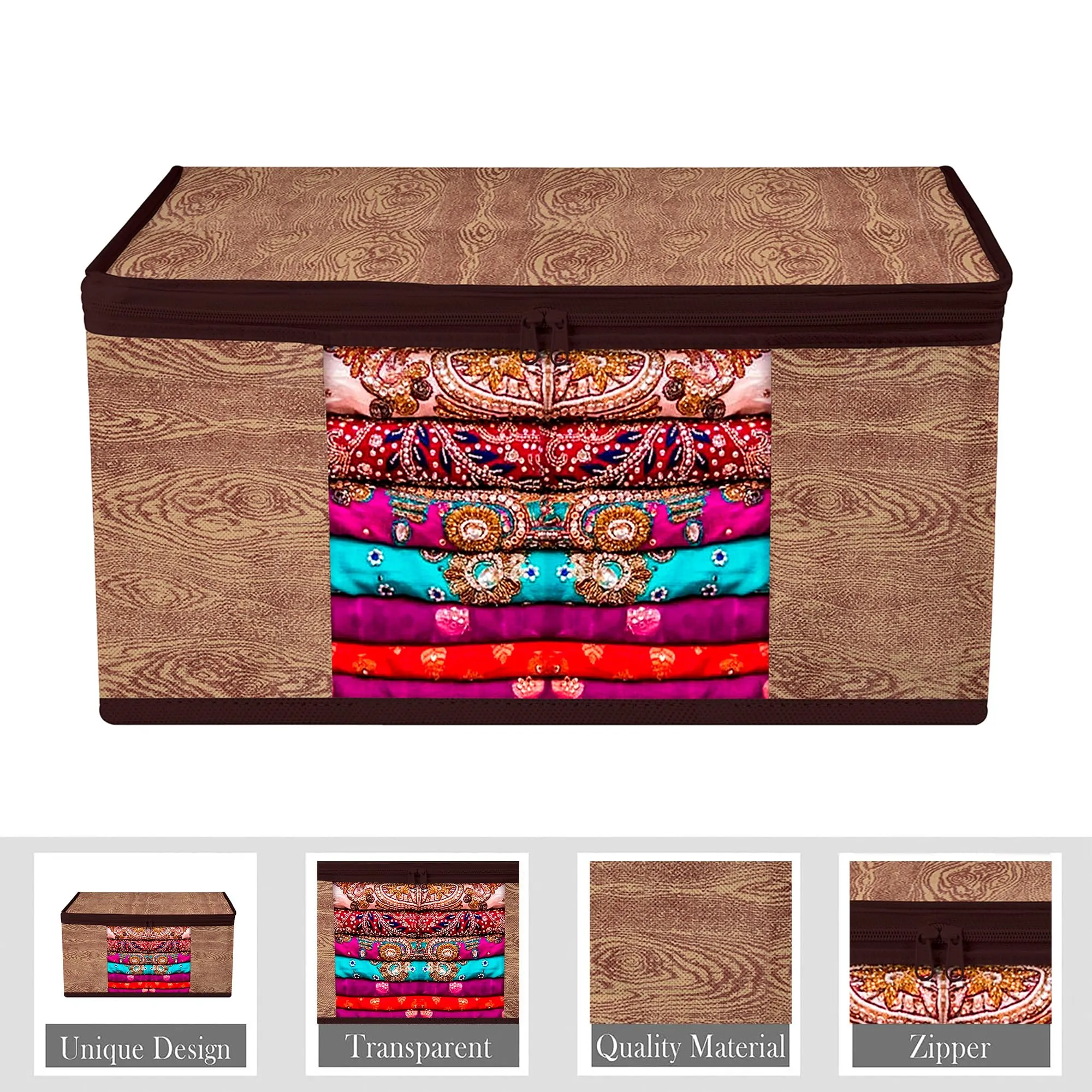Kuber Industries Saree Cover | Zip Closure Saree Cover | Clothes Storage Bag | Wardrobe Organiser | Transparent Window Saree Cover | Wodden Texture-Design | 9 inch | Pack of 12 | Brown