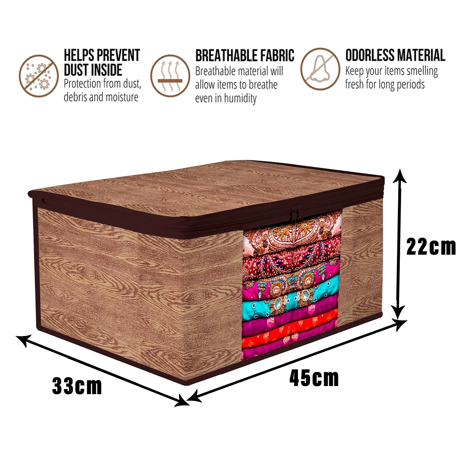 Kuber Industries Saree Cover | Zip Closure Saree Cover | Clothes Storage Bag | Wardrobe Organiser | Transparent Window Saree Cover | Wodden Texture-Design | 9 inch | Pack of 12 | Brown