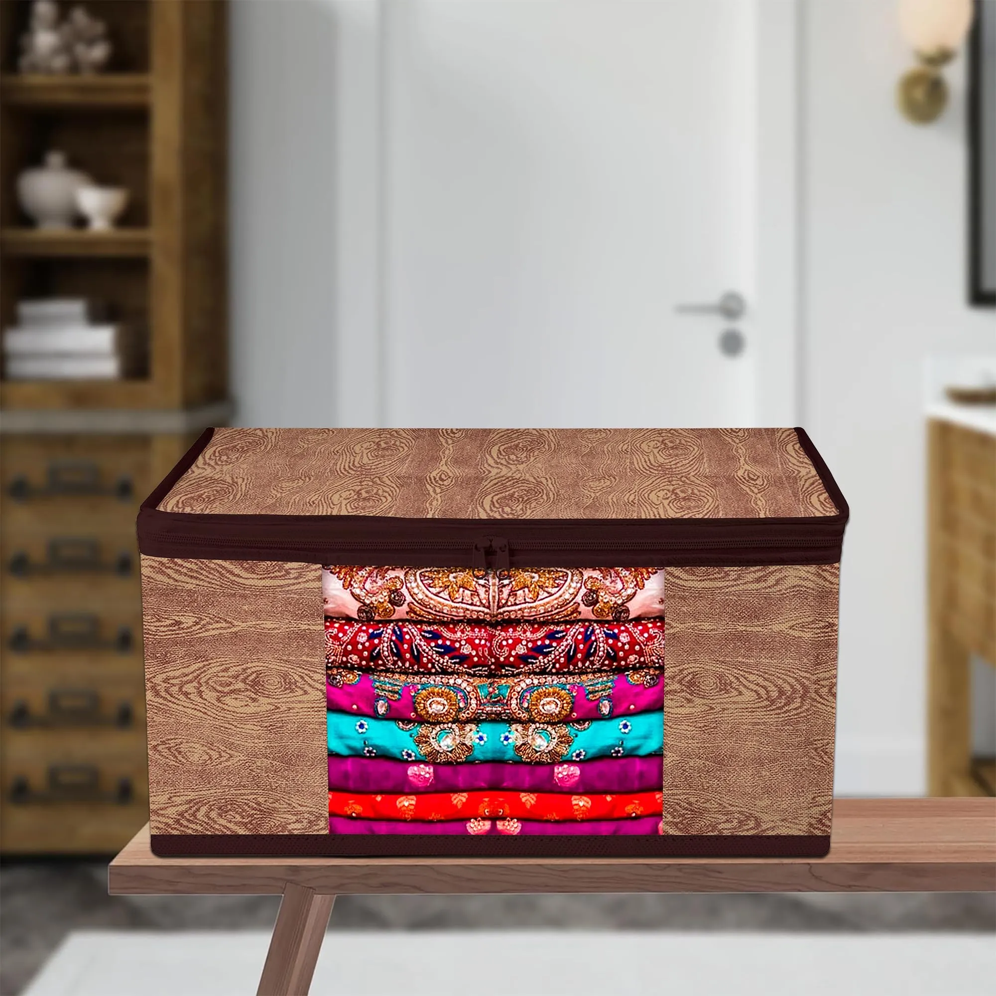 Kuber Industries Saree Cover | Zip Closure Saree Cover | Clothes Storage Bag | Wardrobe Organiser | Transparent Window Saree Cover | Wodden Texture-Design | 9 inch | Pack of 12 | Brown