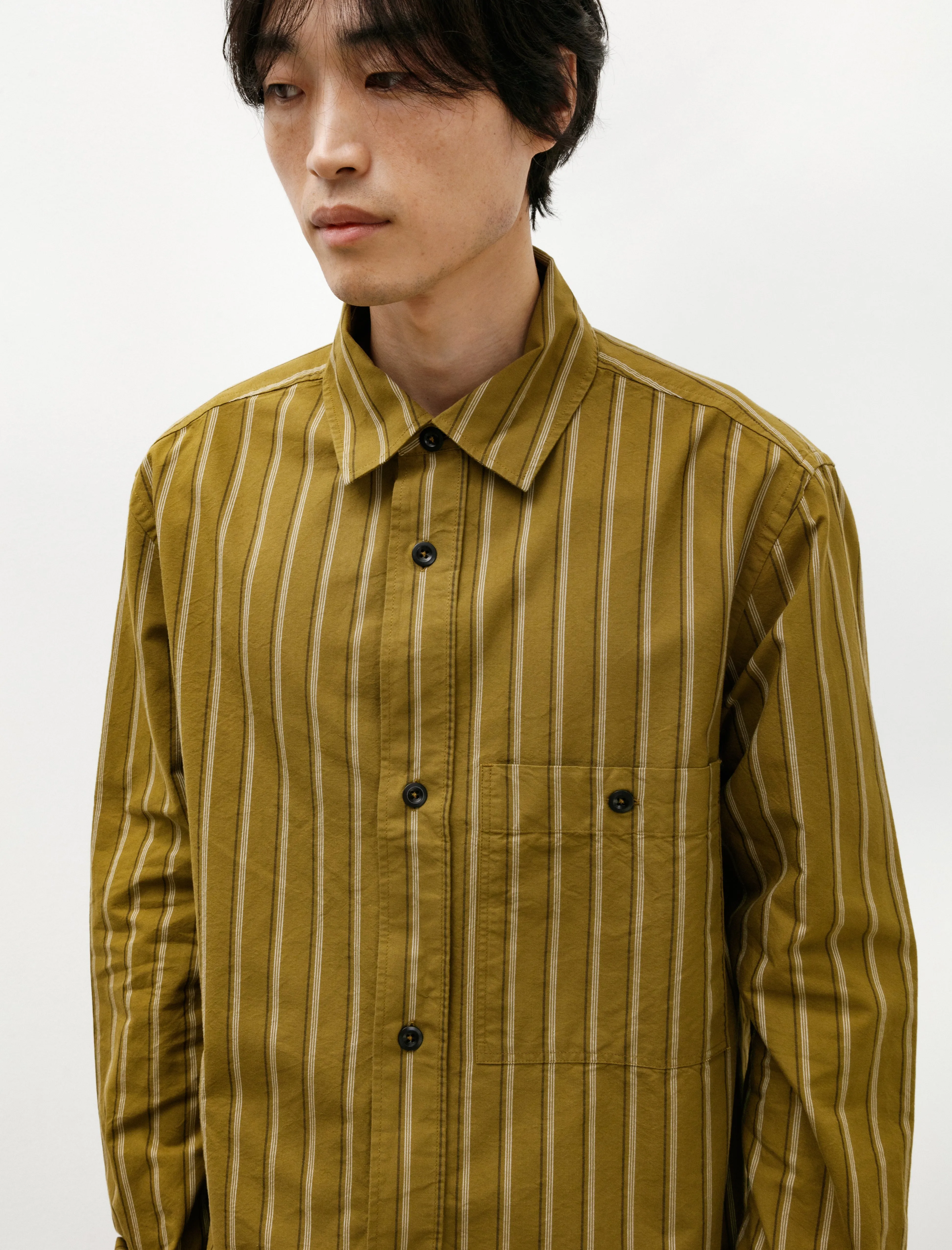 MHL Overall Shirt Offset Cotton Stripe Olive/Off White