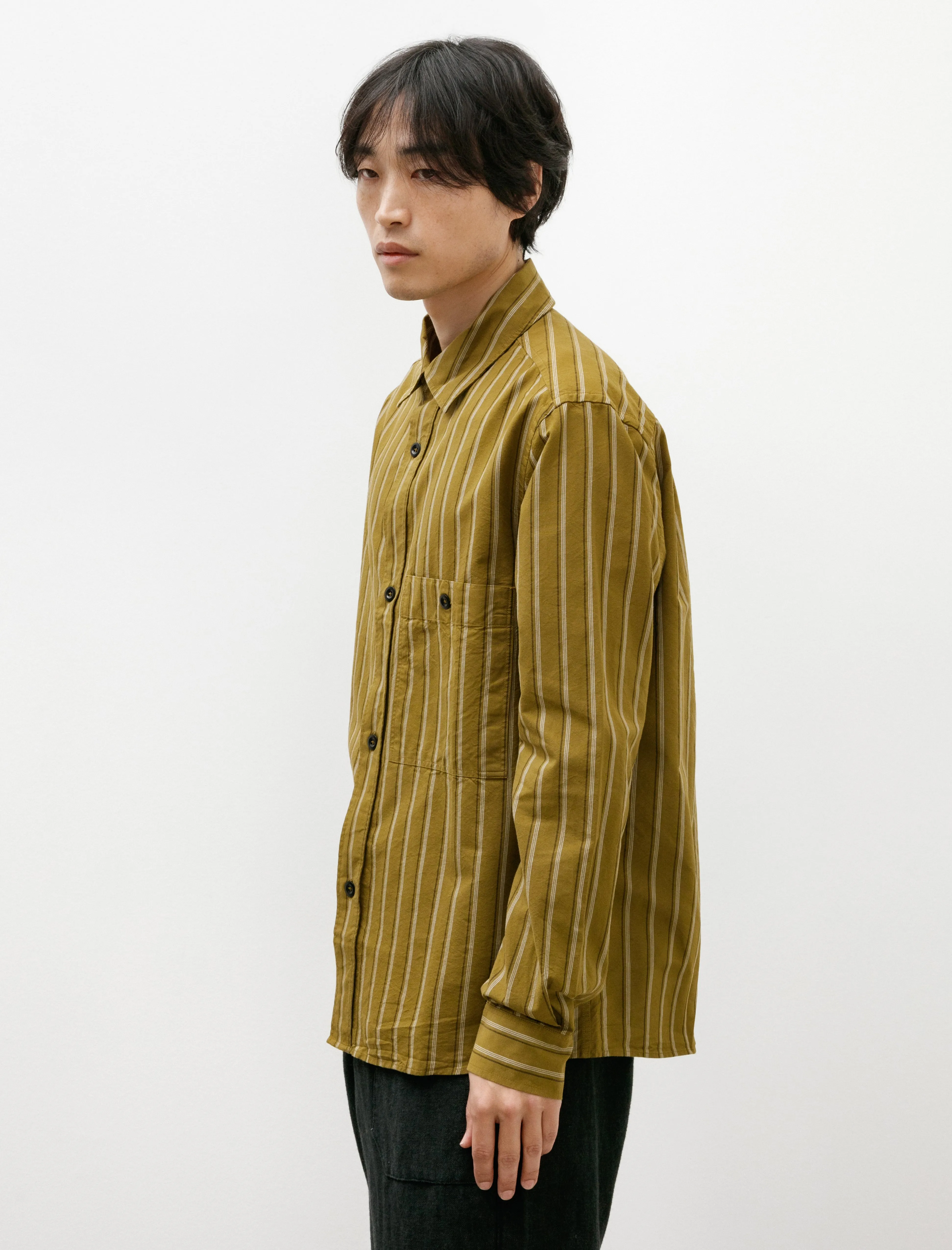 MHL Overall Shirt Offset Cotton Stripe Olive/Off White