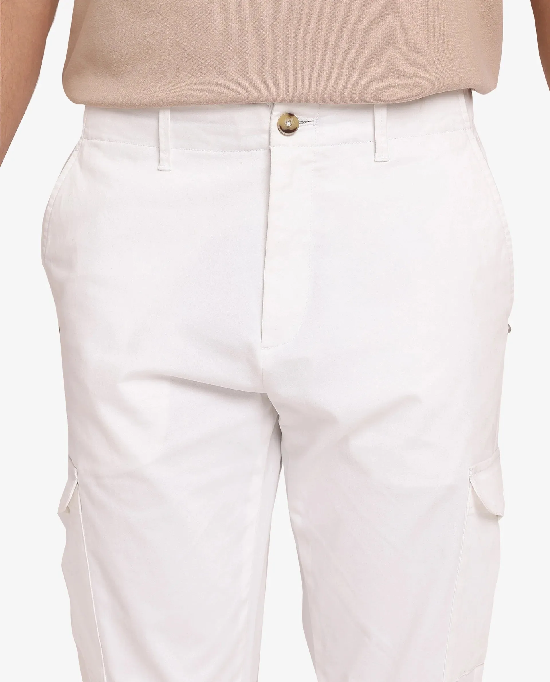 Rare Rabbit Men Zipe White Dobby Stretch Regular Fit Cargo Style Plain Trouser