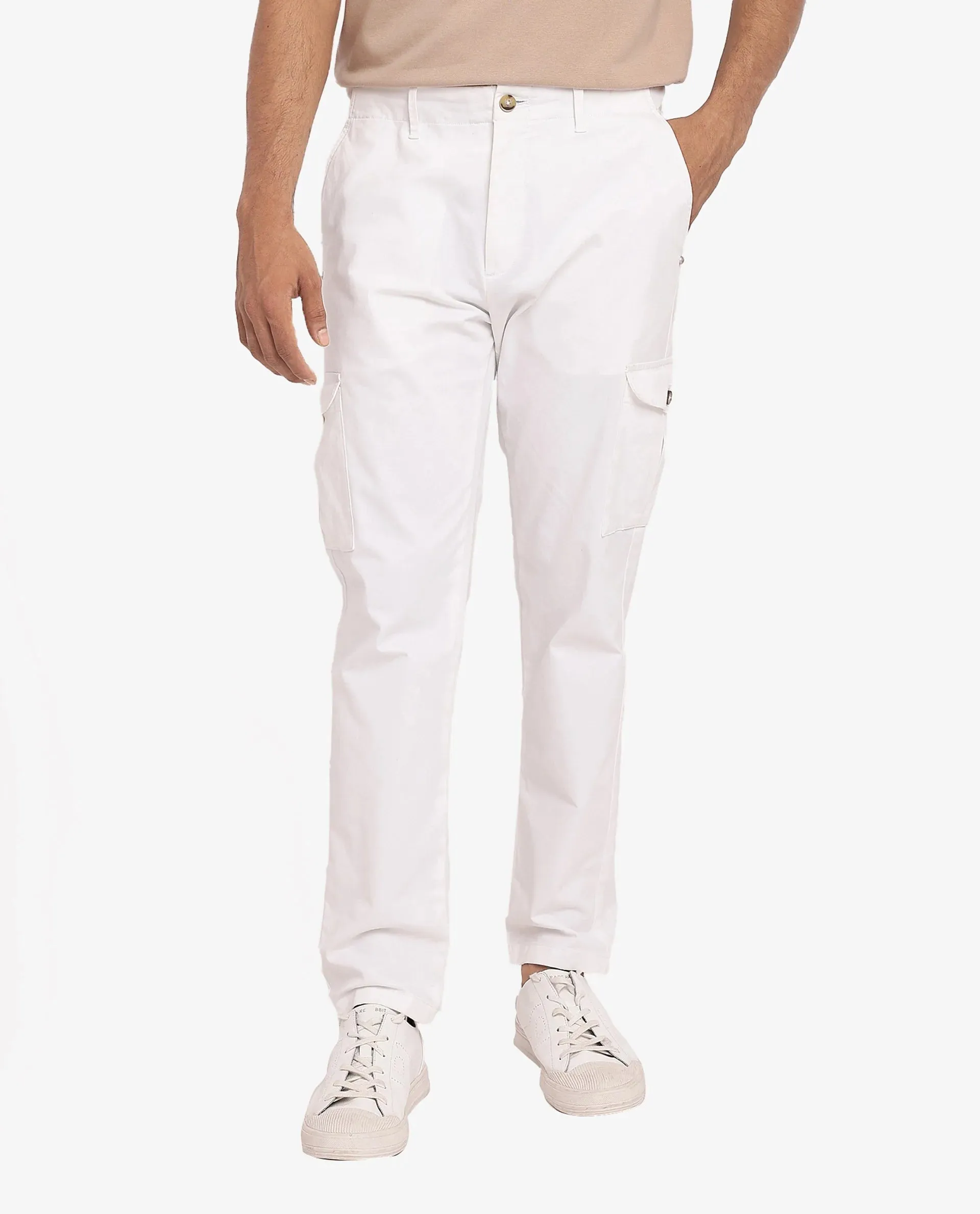 Rare Rabbit Men Zipe White Dobby Stretch Regular Fit Cargo Style Plain Trouser