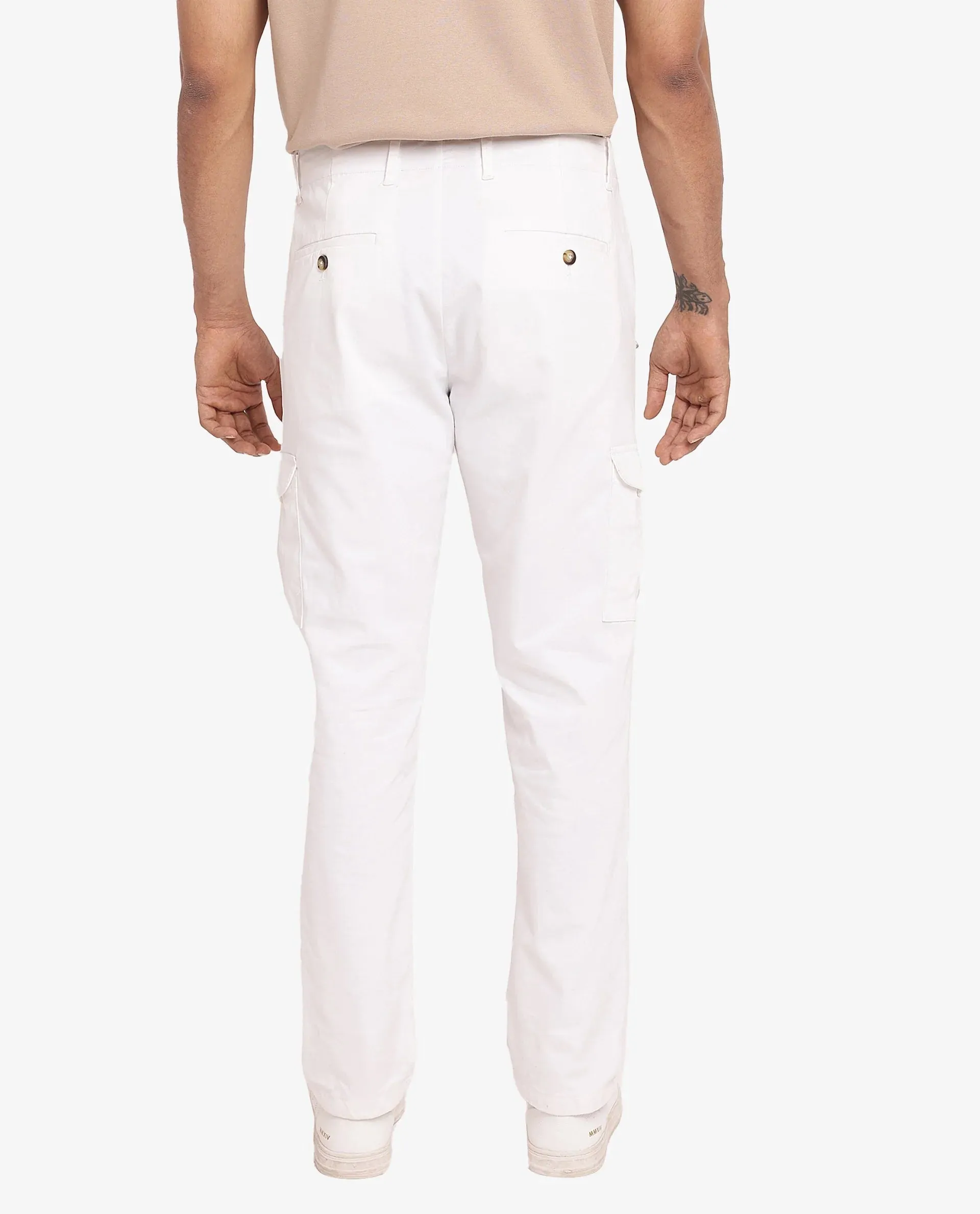 Rare Rabbit Men Zipe White Dobby Stretch Regular Fit Cargo Style Plain Trouser