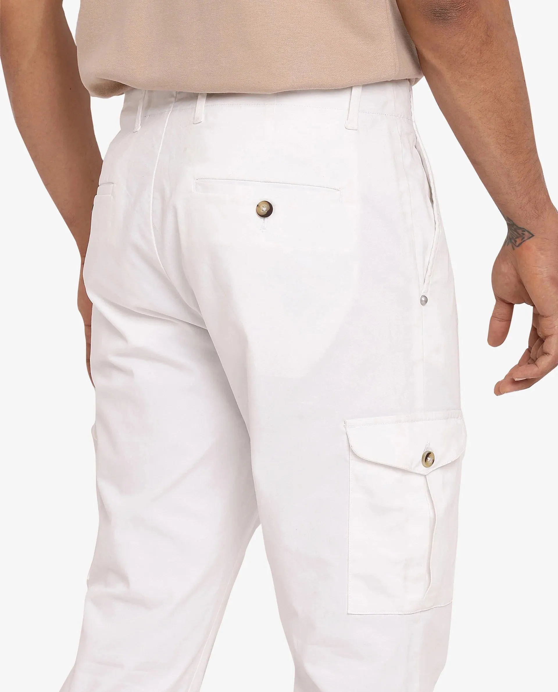 Rare Rabbit Men Zipe White Dobby Stretch Regular Fit Cargo Style Plain Trouser