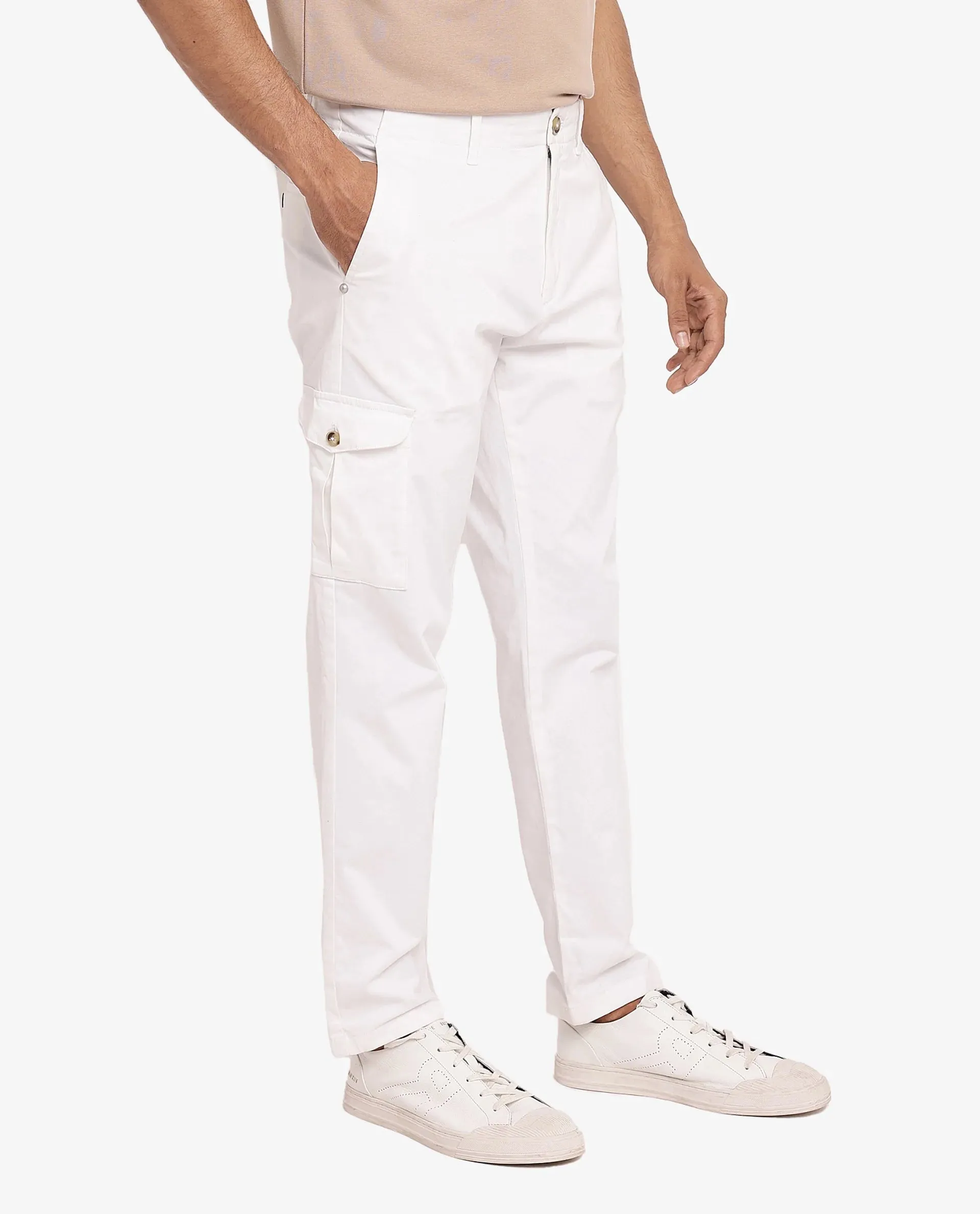 Rare Rabbit Men Zipe White Dobby Stretch Regular Fit Cargo Style Plain Trouser