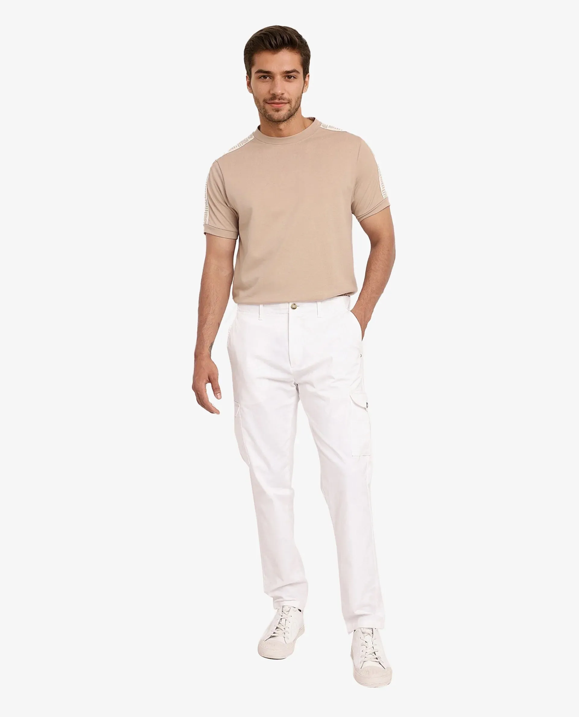 Rare Rabbit Men Zipe White Dobby Stretch Regular Fit Cargo Style Plain Trouser