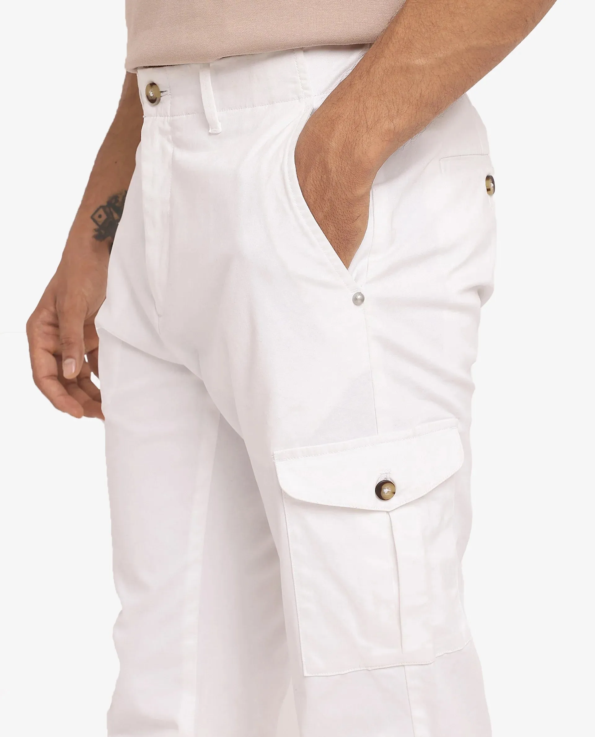 Rare Rabbit Men Zipe White Dobby Stretch Regular Fit Cargo Style Plain Trouser
