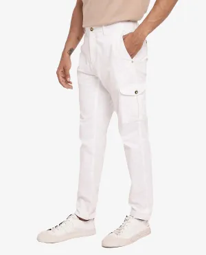 Rare Rabbit Men Zipe White Dobby Stretch Regular Fit Cargo Style Plain Trouser