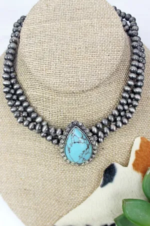 SALE! Turquoise Clairemont Silver Pearl Three Row Choker