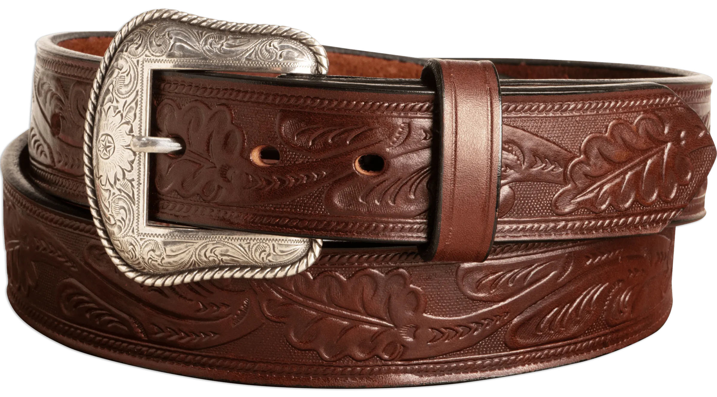 The Western Oak: Men's Brown Oak Leaf Embossed Western Leather Belt 1.50"