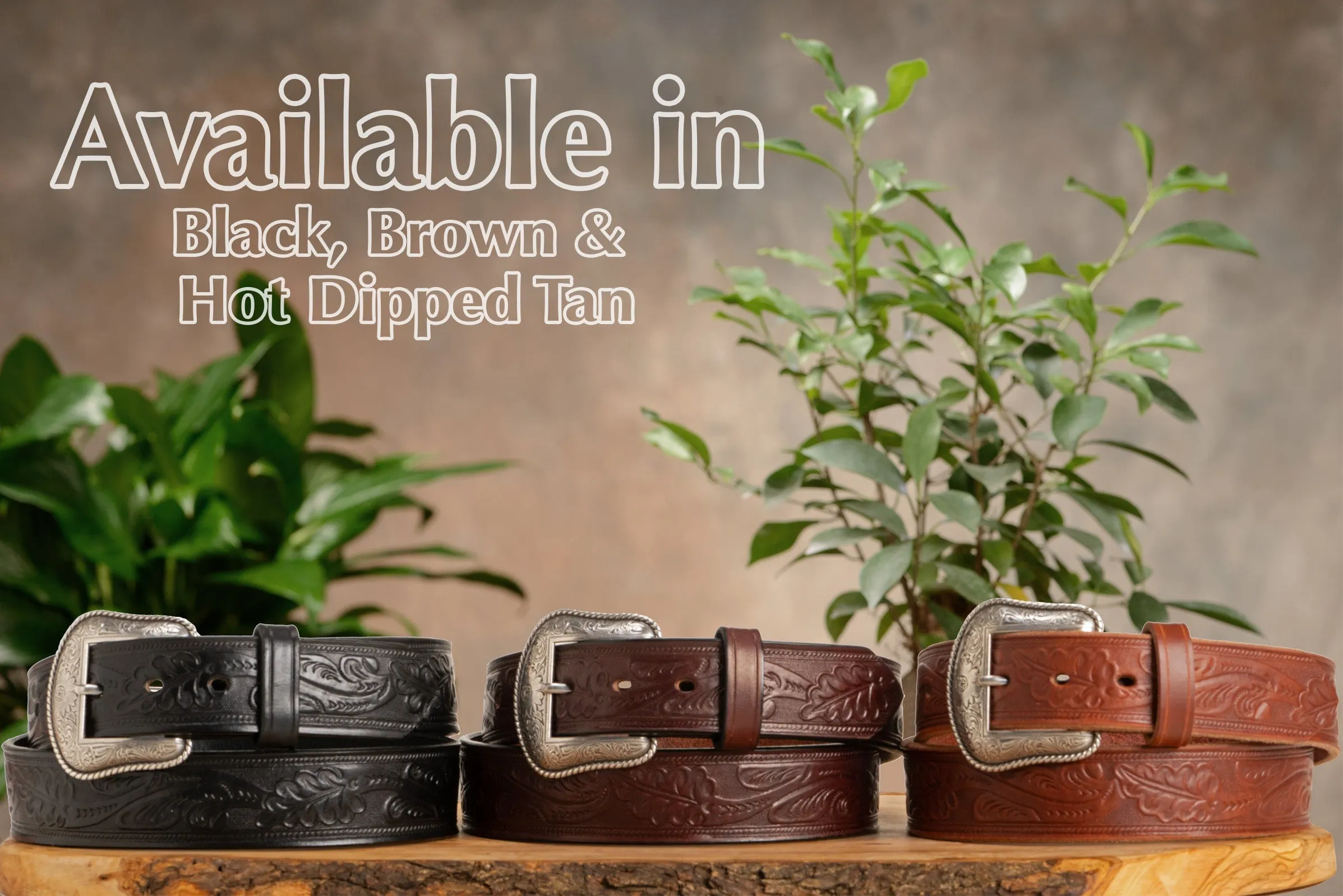 The Western Oak: Men's Brown Oak Leaf Embossed Western Leather Belt 1.50"