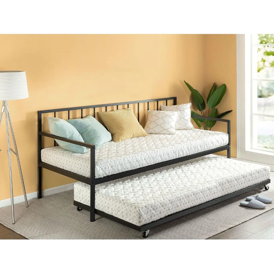 Twin size Heavy Duty Metal Daybed with Roll-Out Trundle Bed