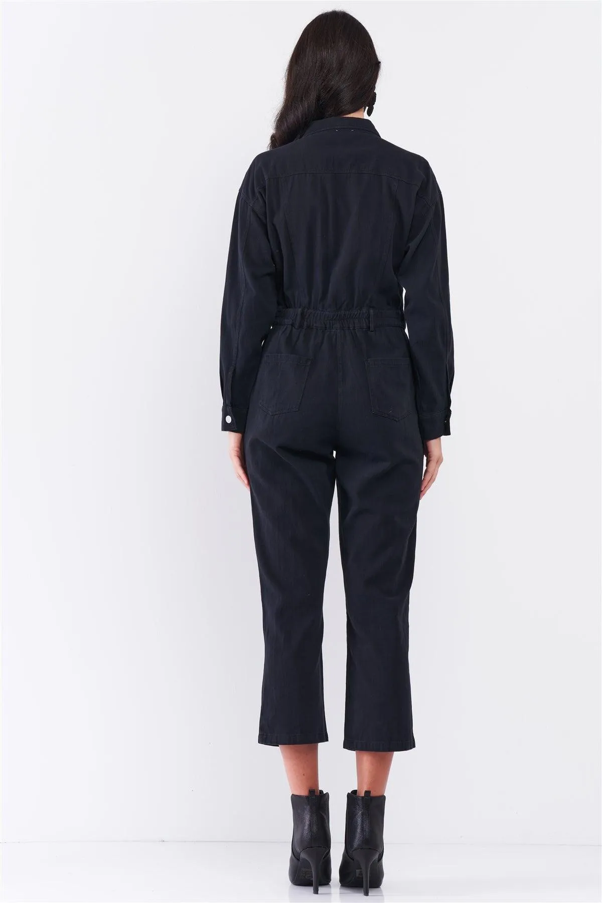 Washed Black Denim Oblique Zip-Up Front Detail Utility Jumpsuit   Black Cloth Mask! /3-2-1