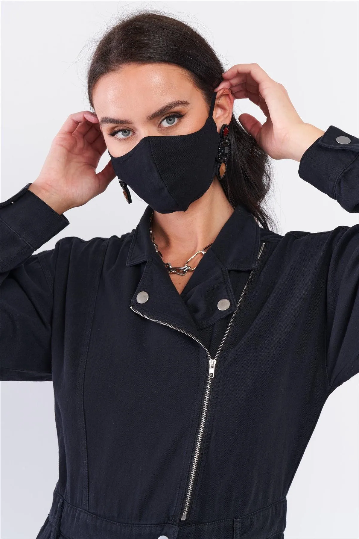 Washed Black Denim Oblique Zip-Up Front Detail Utility Jumpsuit   Black Cloth Mask! /3-2-1