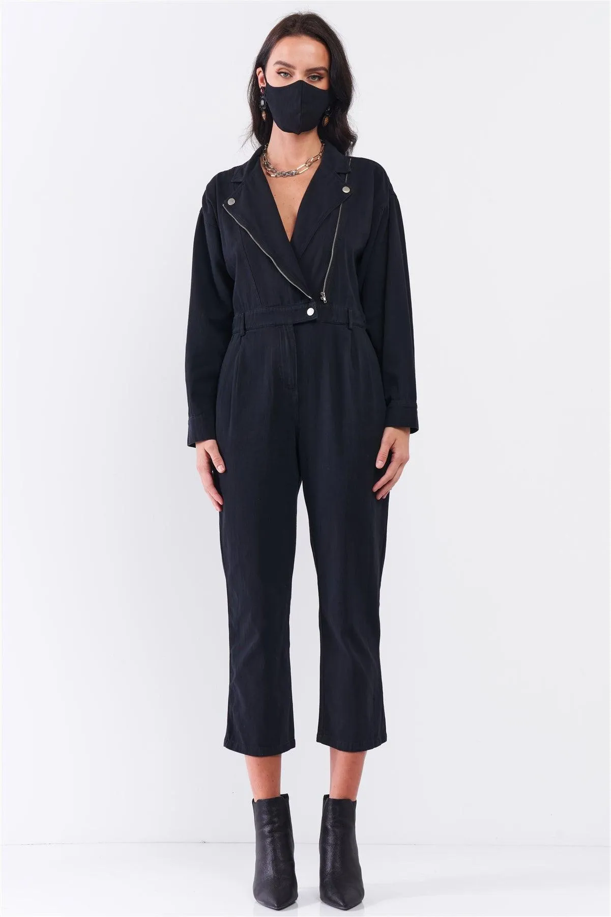 Washed Black Denim Oblique Zip-Up Front Detail Utility Jumpsuit   Black Cloth Mask! /3-2-1