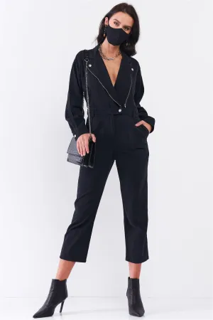 Washed Black Denim Oblique Zip-Up Front Detail Utility Jumpsuit   Black Cloth Mask! /3-2-1