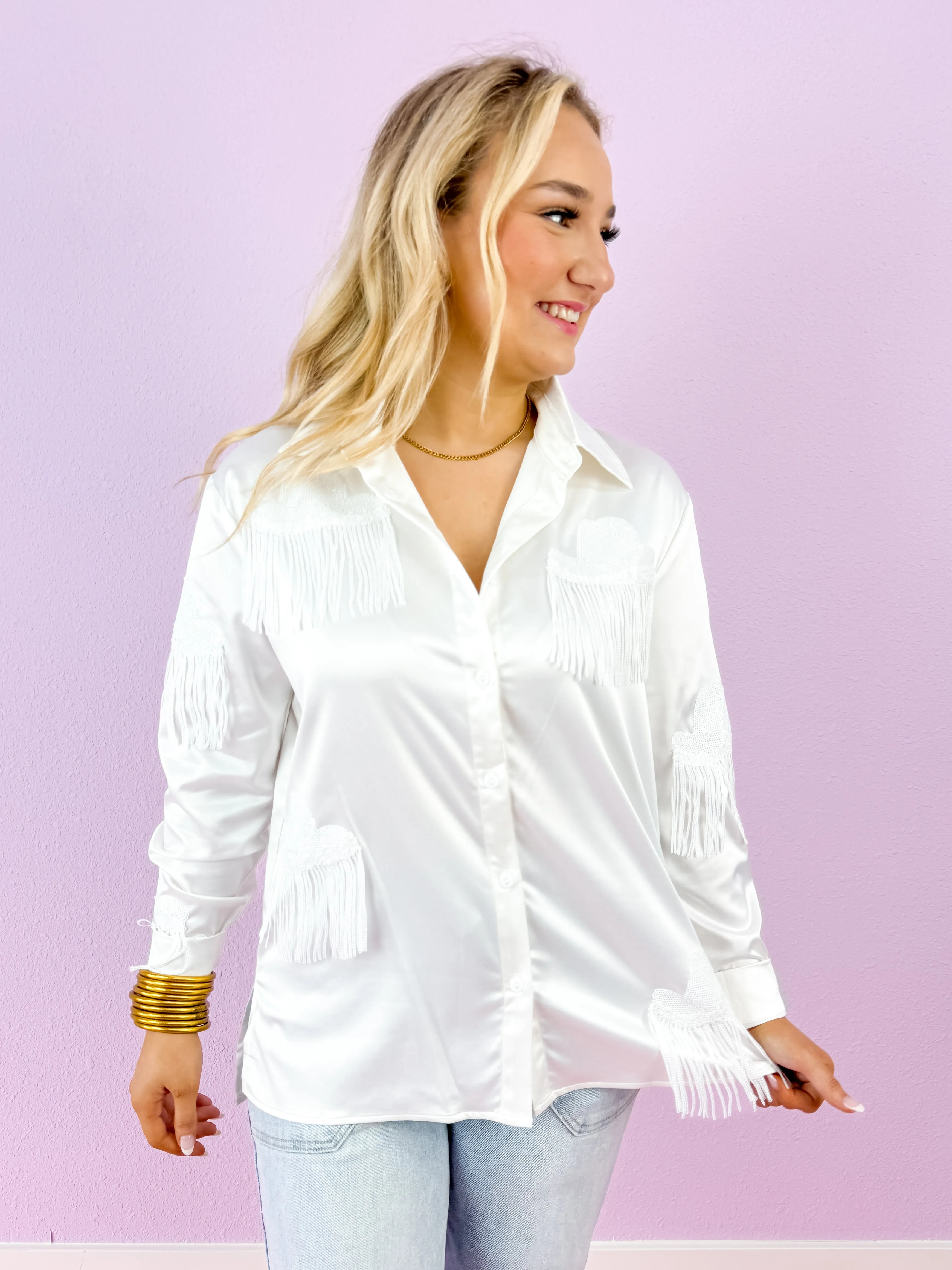 White Western Hat Sequin Fringe Shirt Blouse