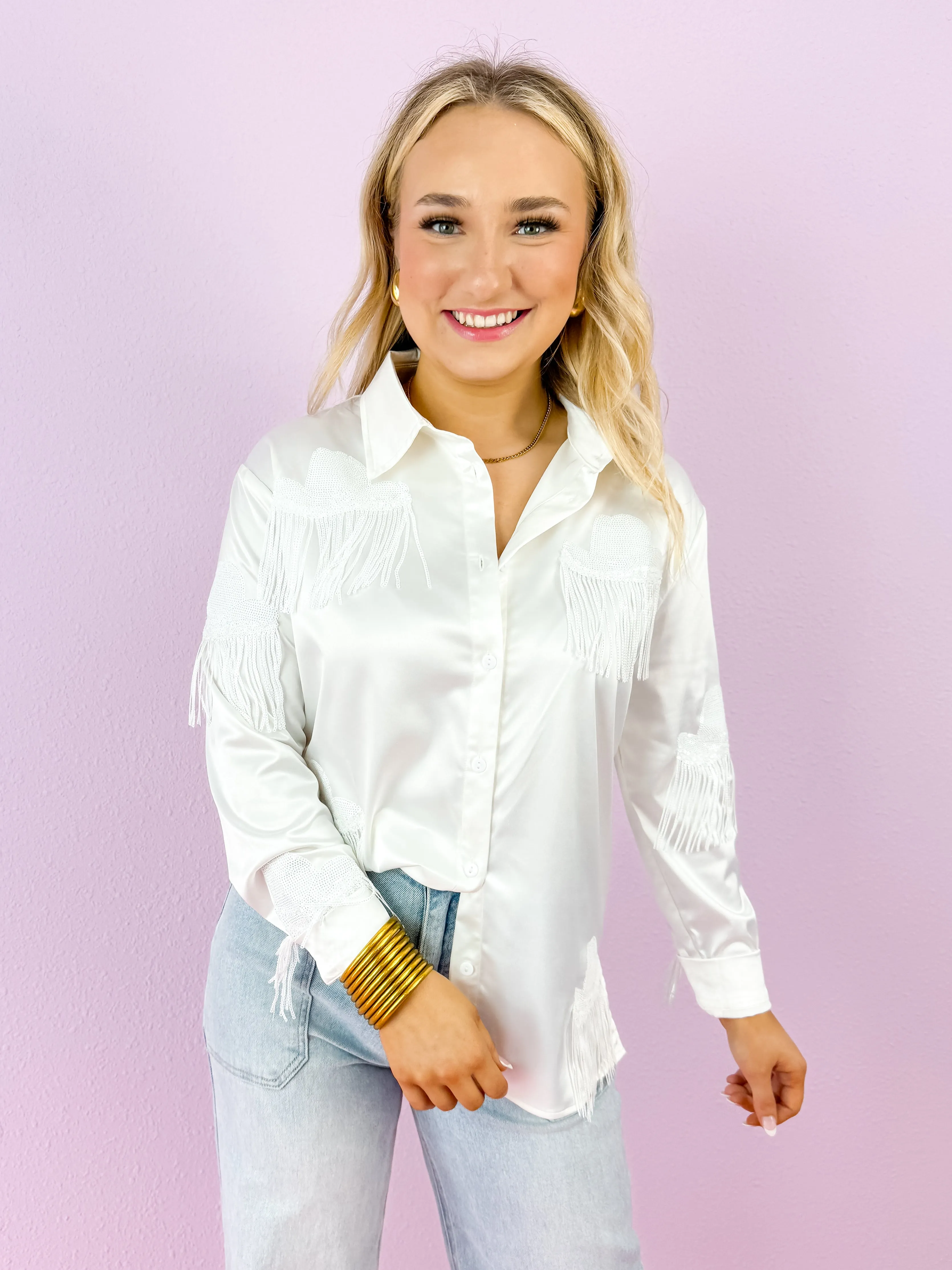 White Western Hat Sequin Fringe Shirt Blouse