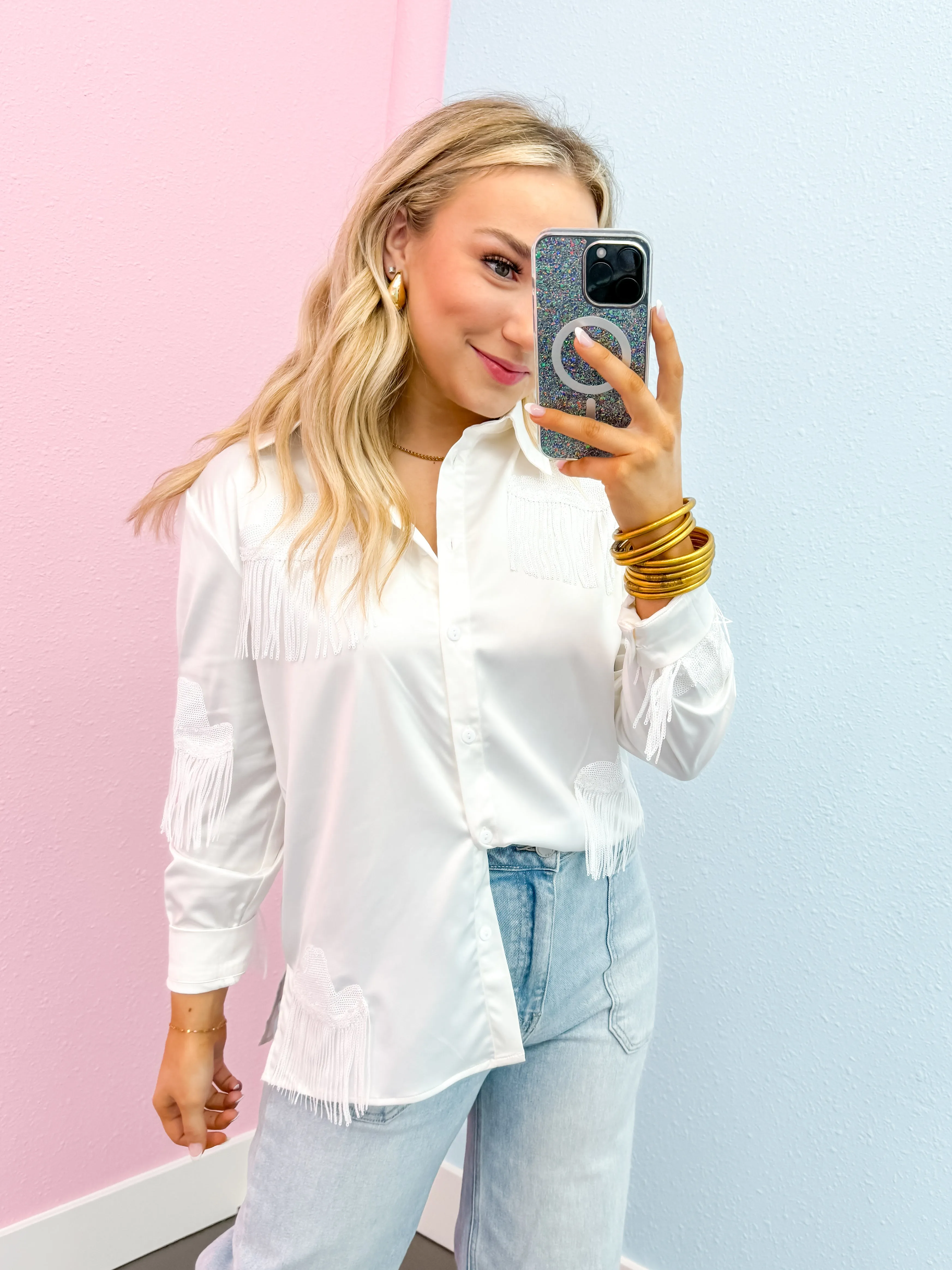 White Western Hat Sequin Fringe Shirt Blouse