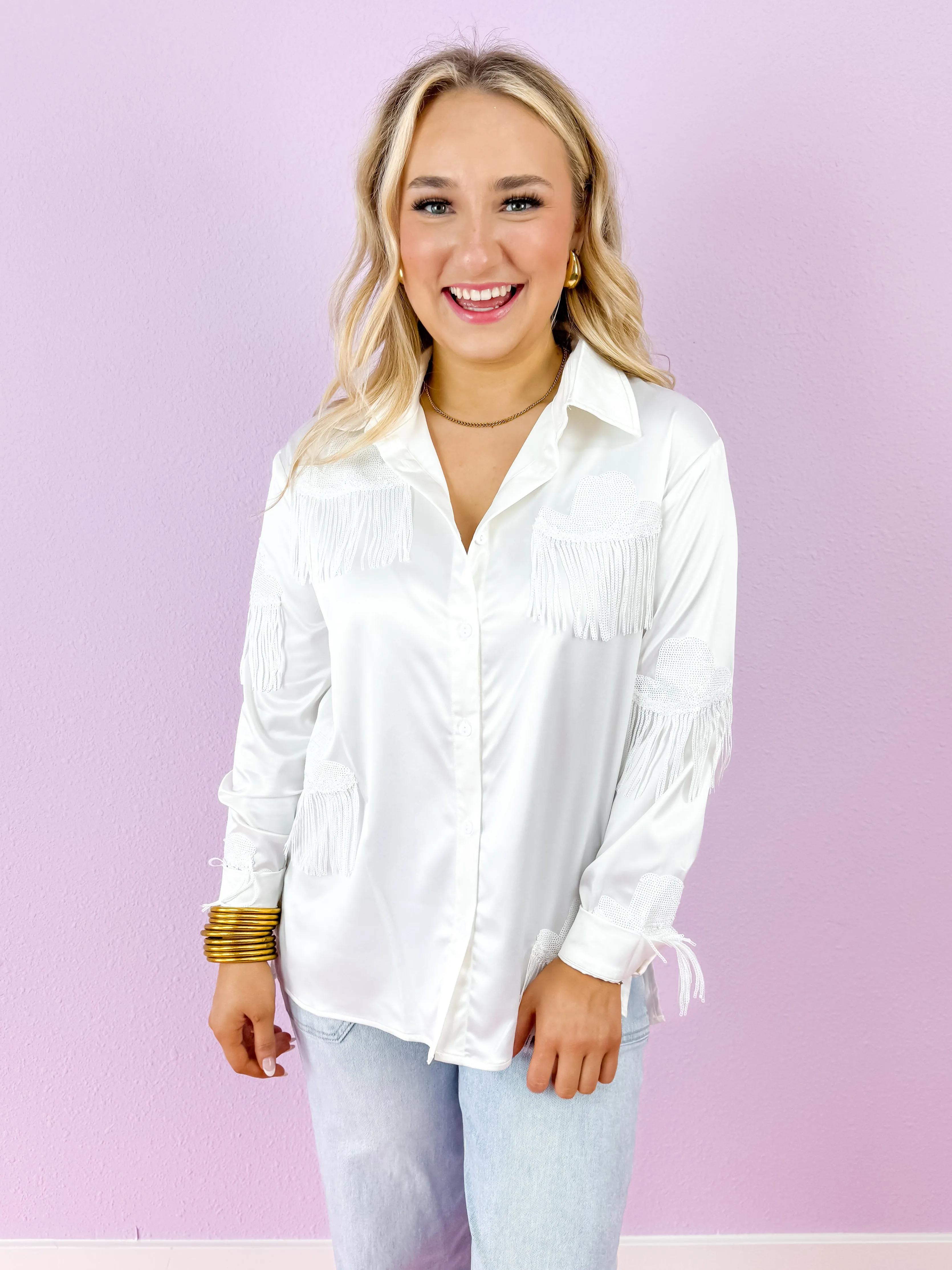 White Western Hat Sequin Fringe Shirt Blouse