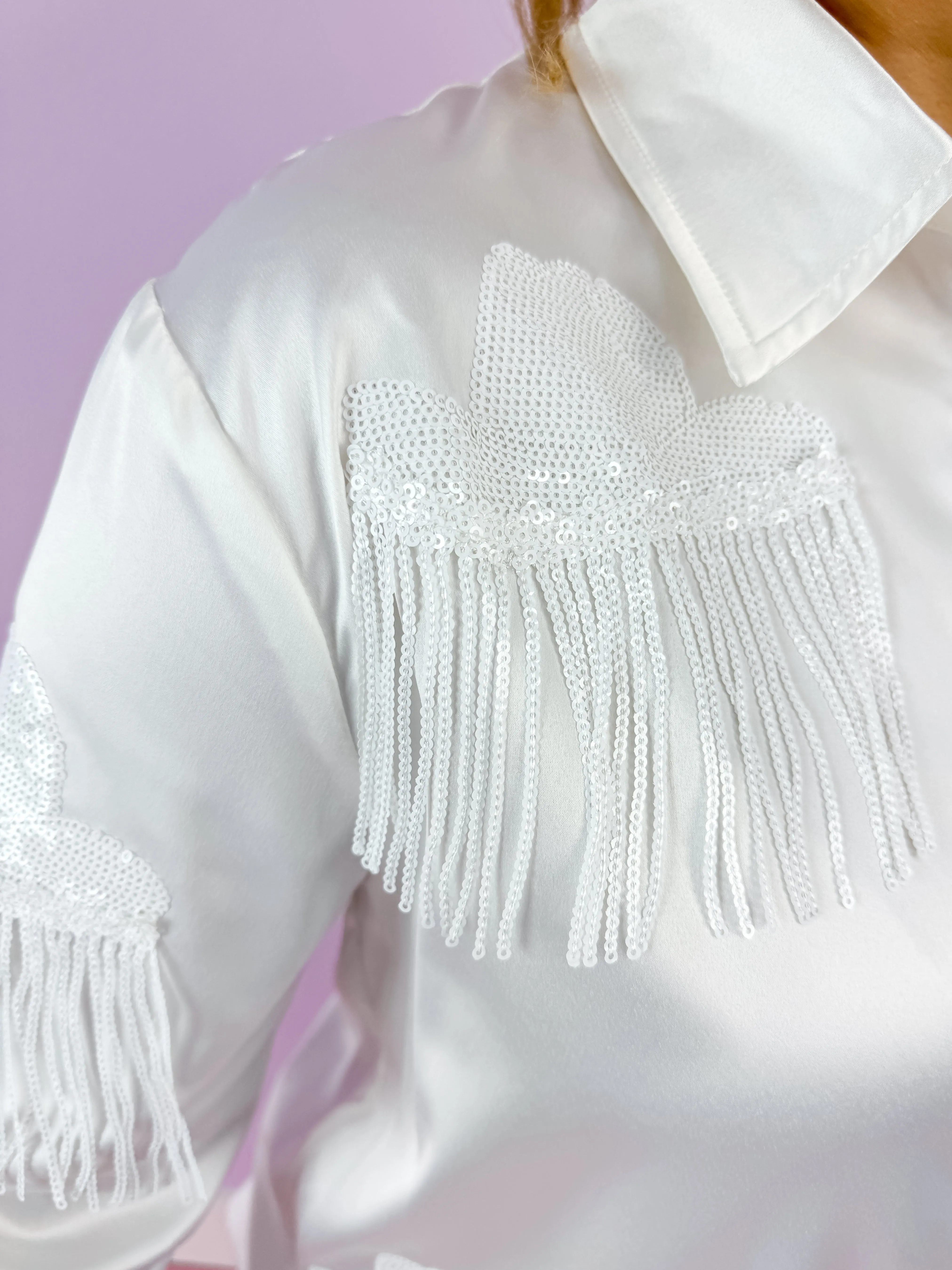 White Western Hat Sequin Fringe Shirt Blouse