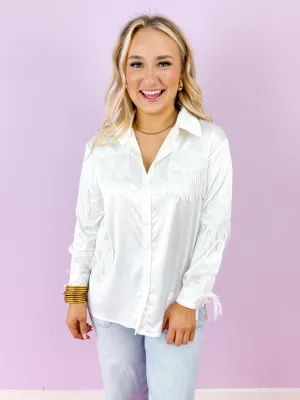 White Western Hat Sequin Fringe Shirt Blouse