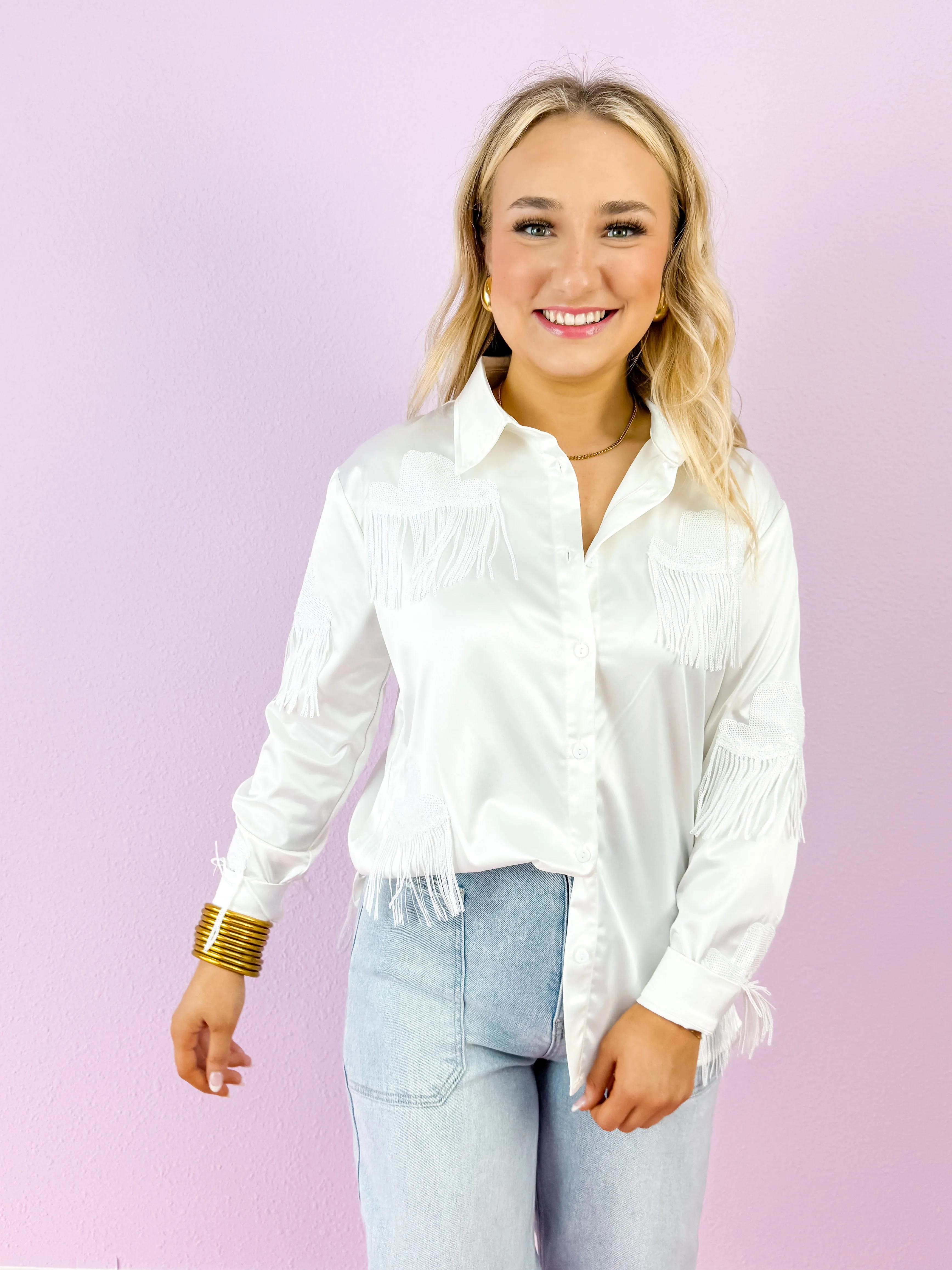 White Western Hat Sequin Fringe Shirt Blouse